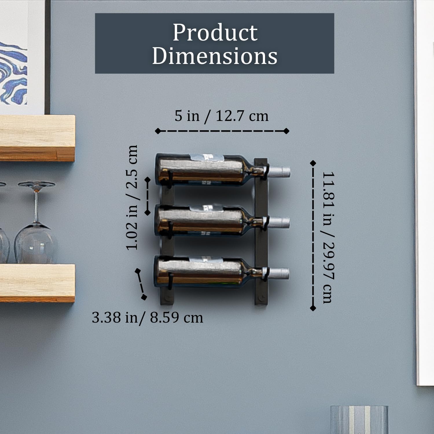 3-Bottle Black Metal Wall Wine Rack Modern Industrial Design