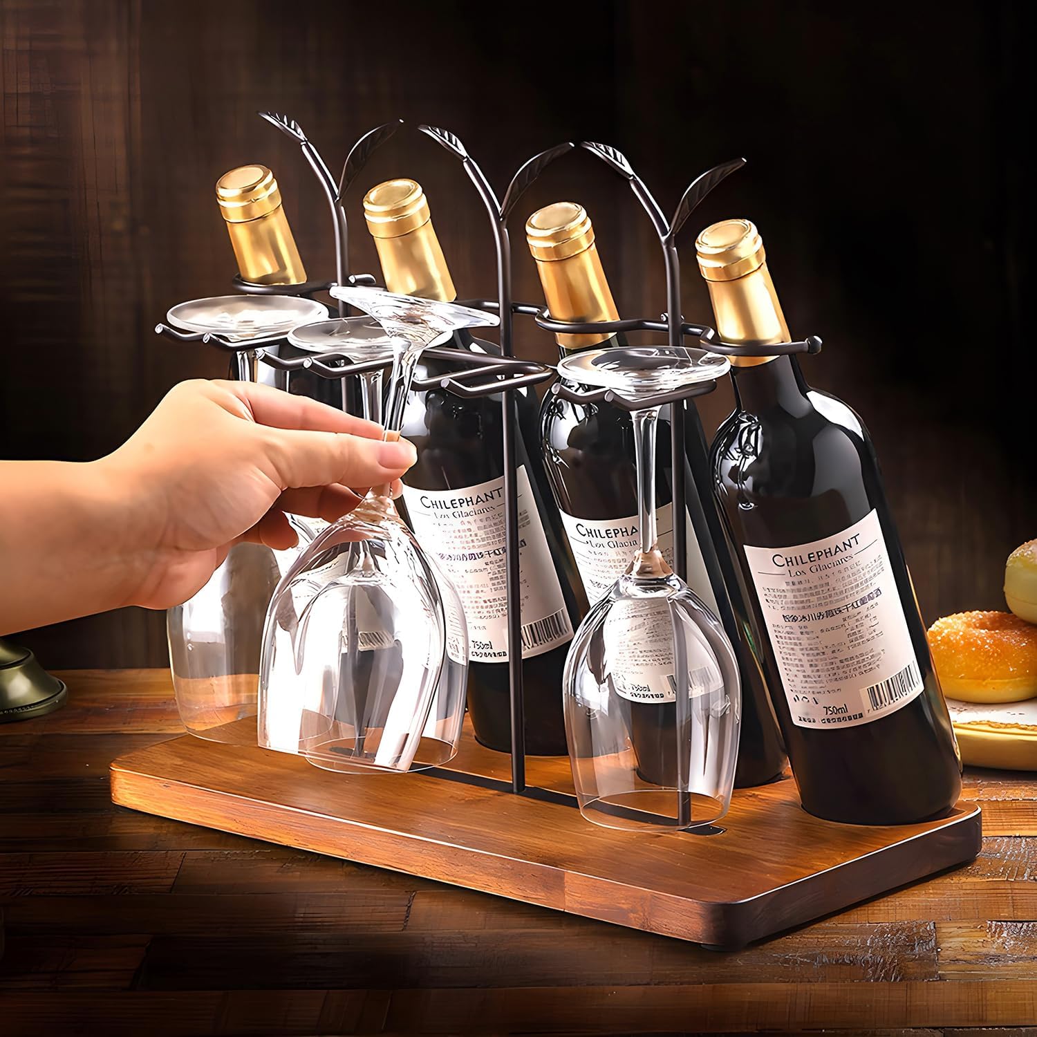 Laxioriew Wood Wine Bottle Holder for 4 Bottles and 4 Glasses