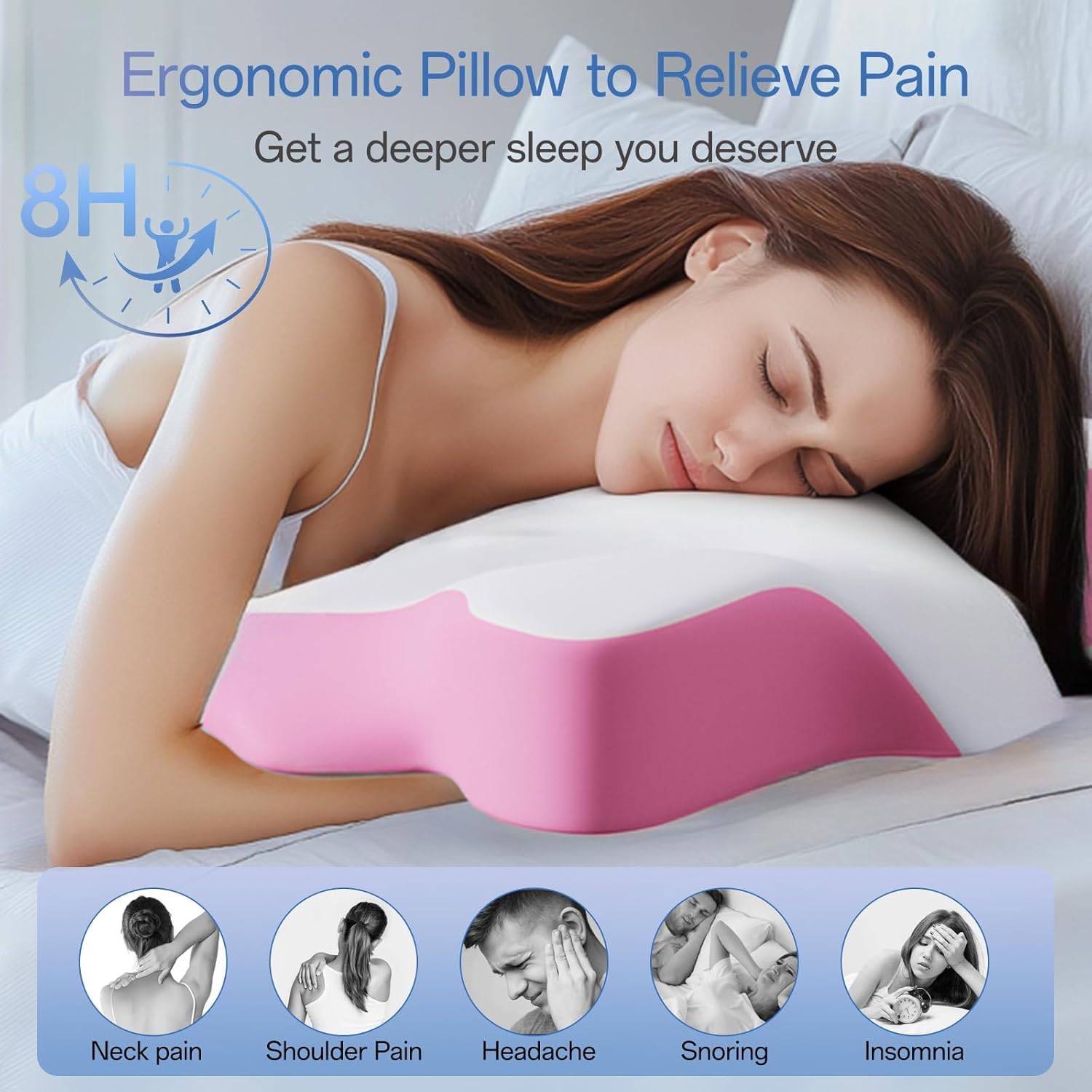 SKYEMAC Pink Contoured Neck Pillow for Back Side Stomach Sleepers