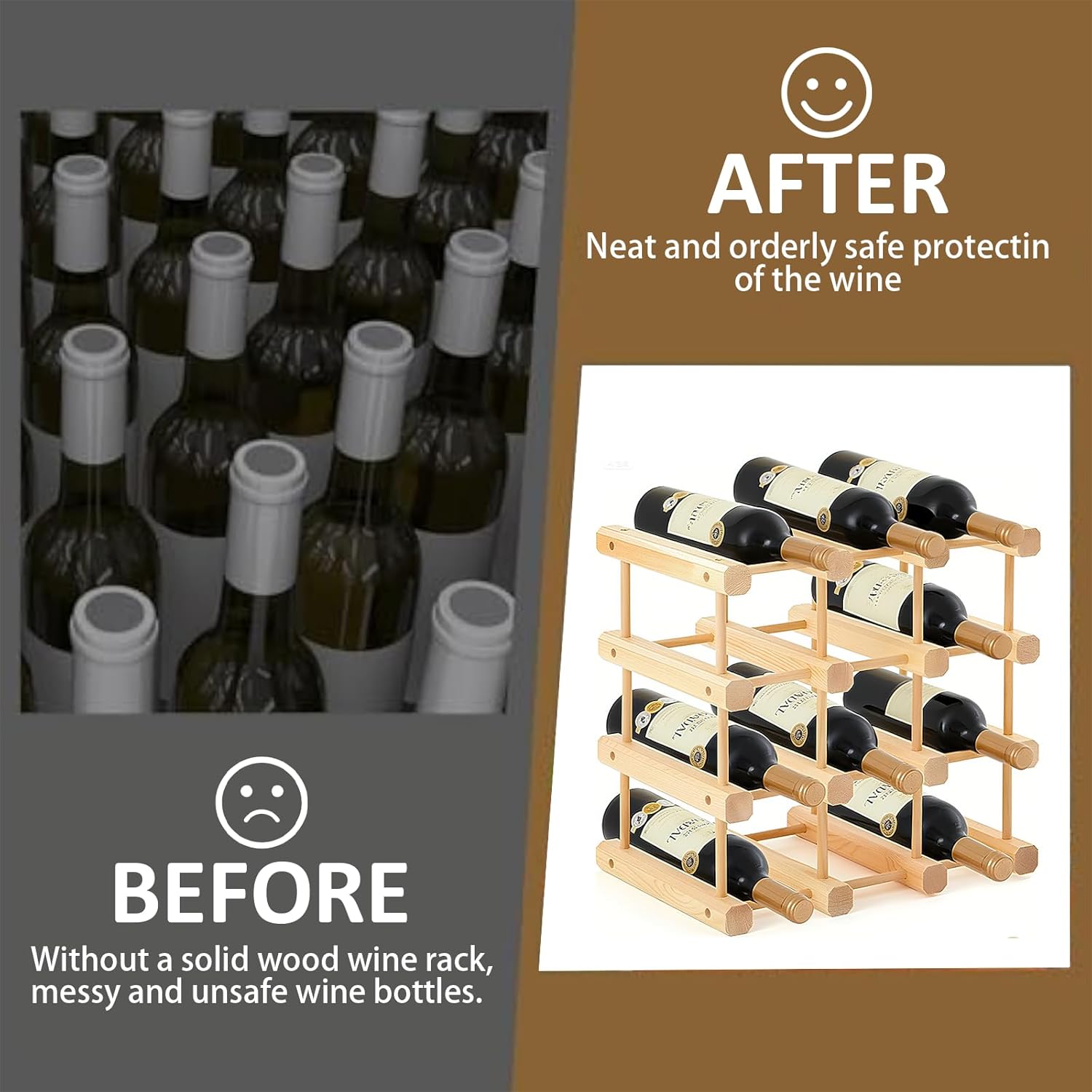 12-Bottle Wooden Wine Rack for Countertop and Cabinet