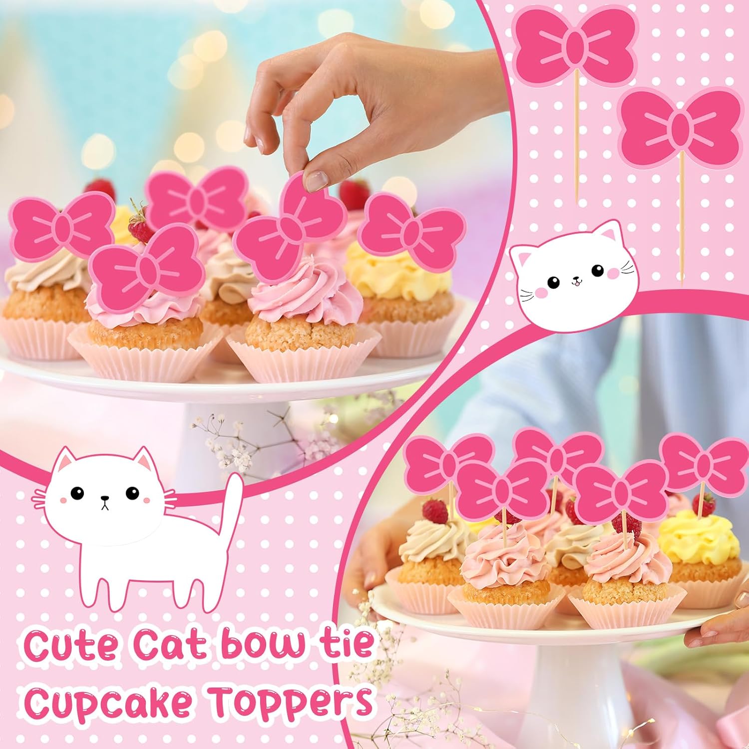 24 Pcs Pink Cat Bow Cake Toppers for Kitten Parties