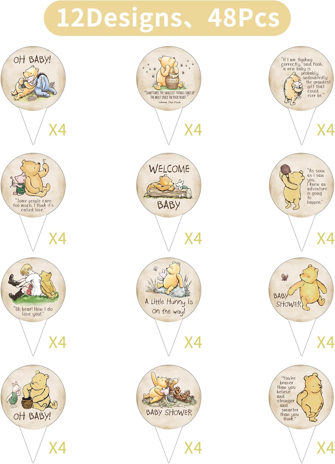 48Pcs Bear Themed Cupcake Toppers for Baby Showers and Birthday Parties