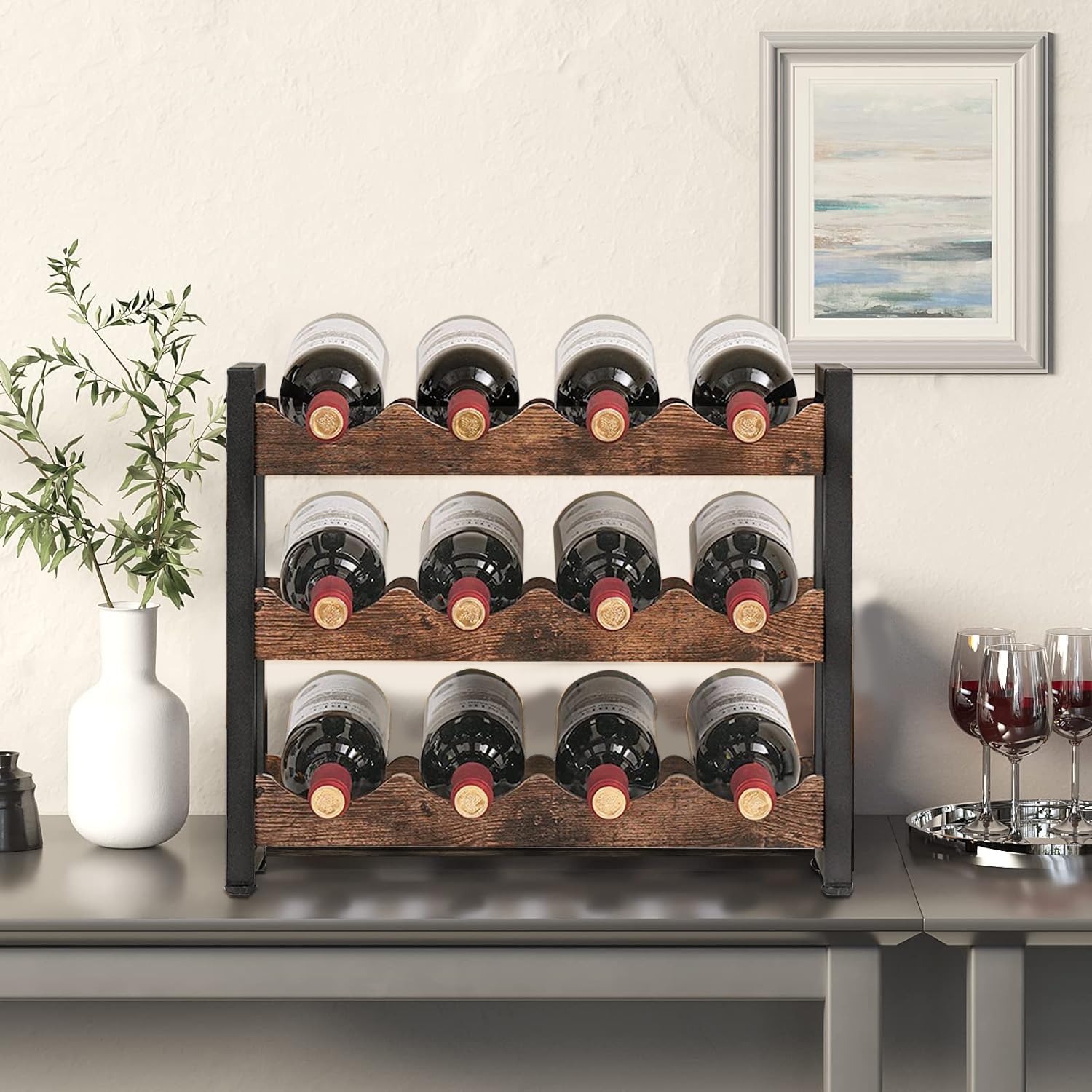 Rusnugic 3 Tier Wine Rack - 12 Bottle Storage Organizer