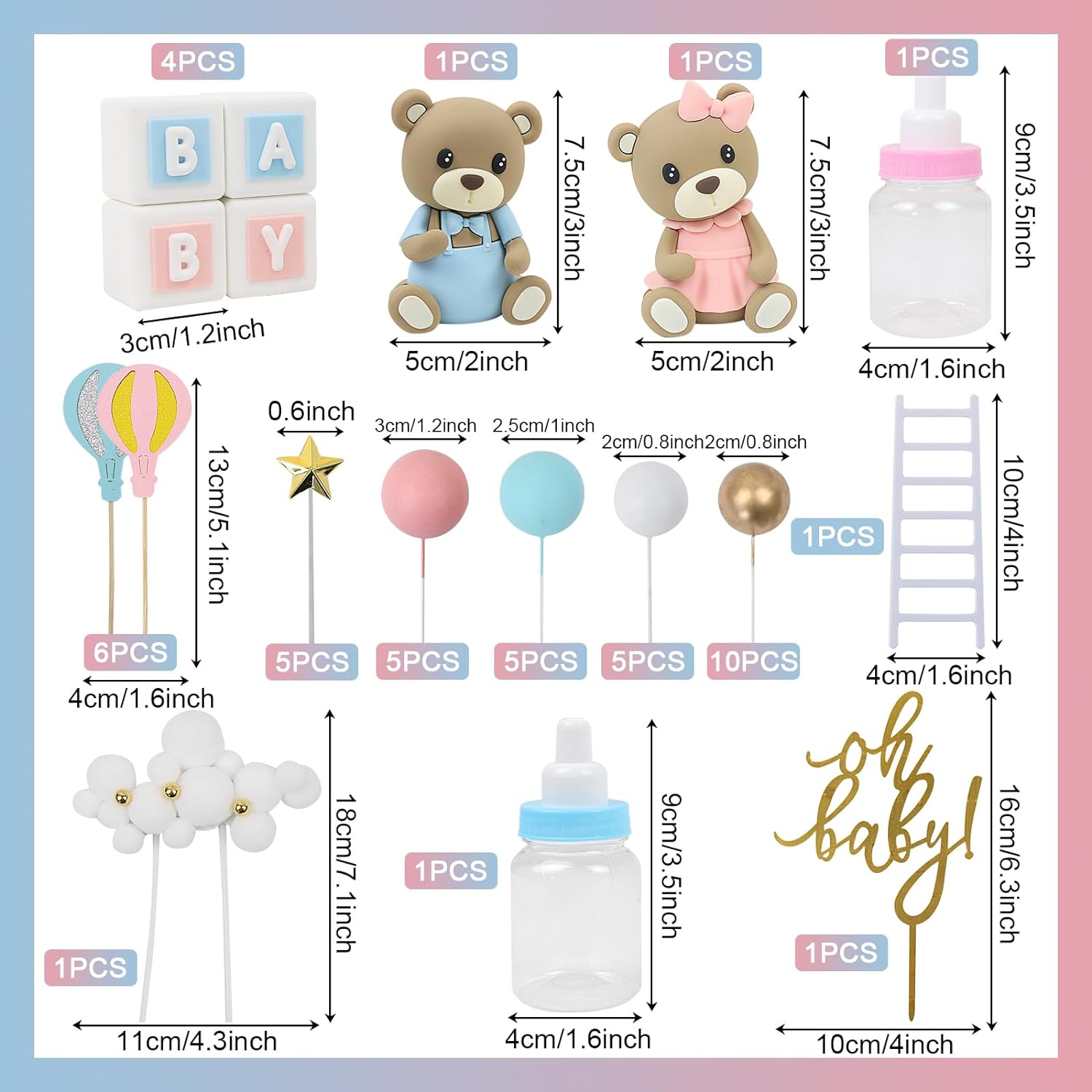 47 PCS Bear Cake Toppers for Gender Reveal Party