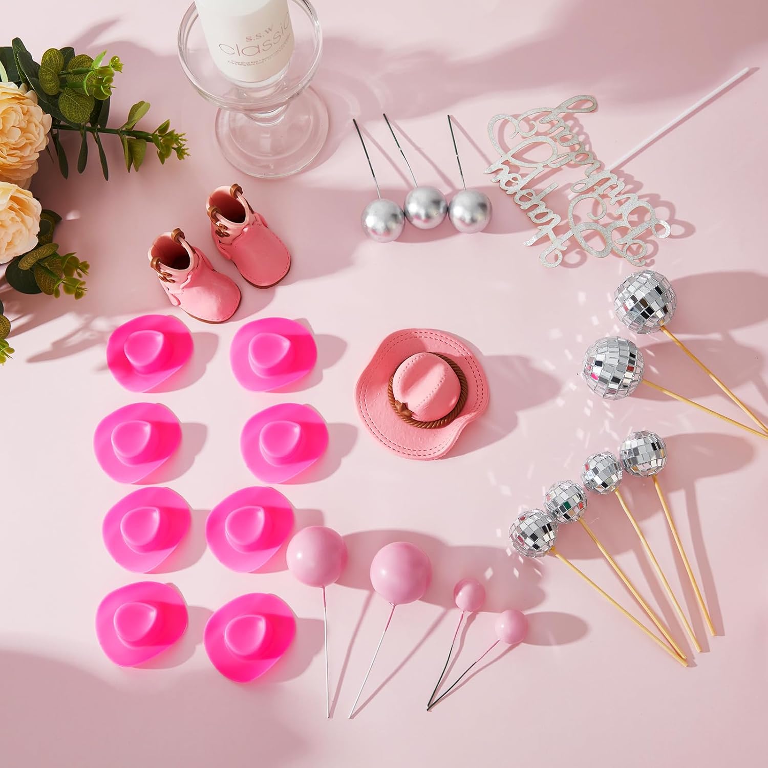 26 Pieces Pink Cowgirl Cake Decorations for Western Party