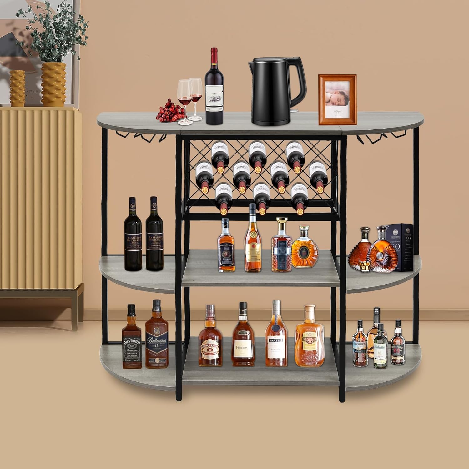 Modern 36 Tall Wine Rack Bar Cabinet with 3 Shelves Grey