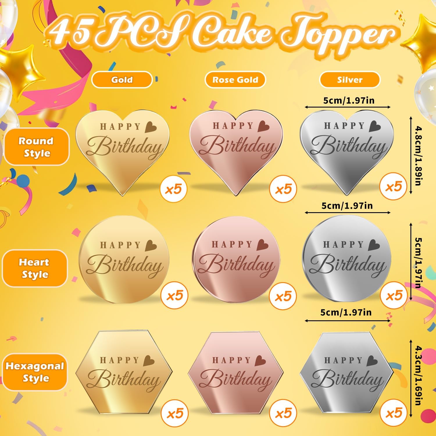 45PCS Happy Birthday Cake Toppers Multi-Shape Color