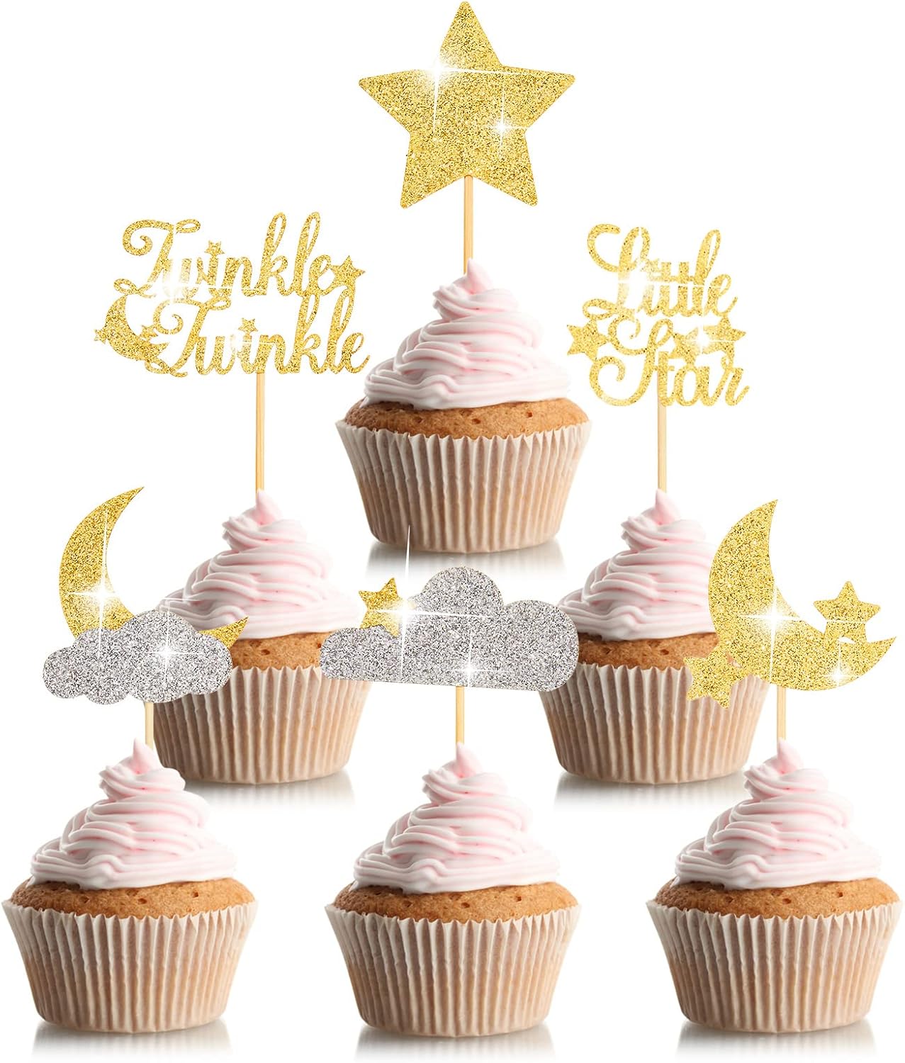 48 Pcs Glitter Star Cupcake Toppers Gold Silver 1