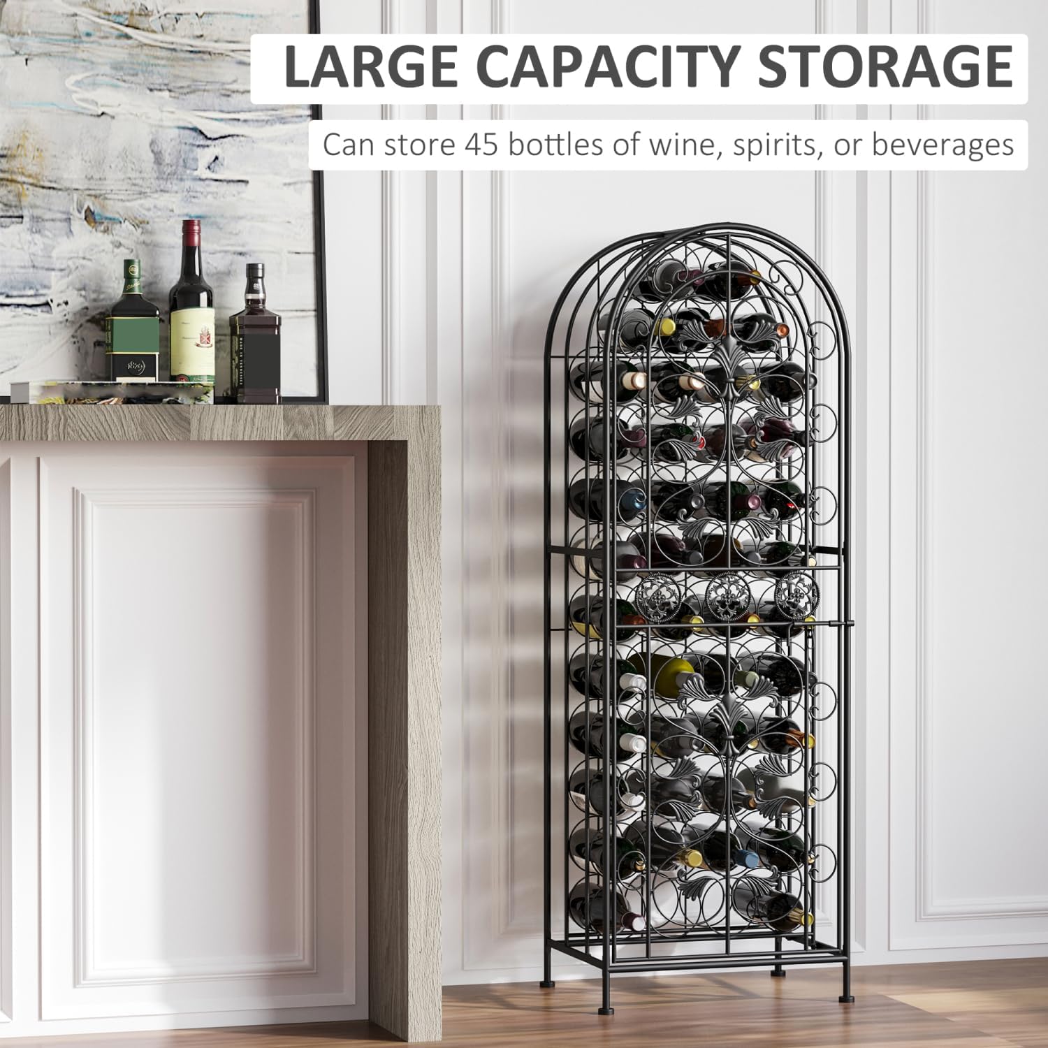 45 Bottle Wrought Iron Wine Rack with Lock - Black 1