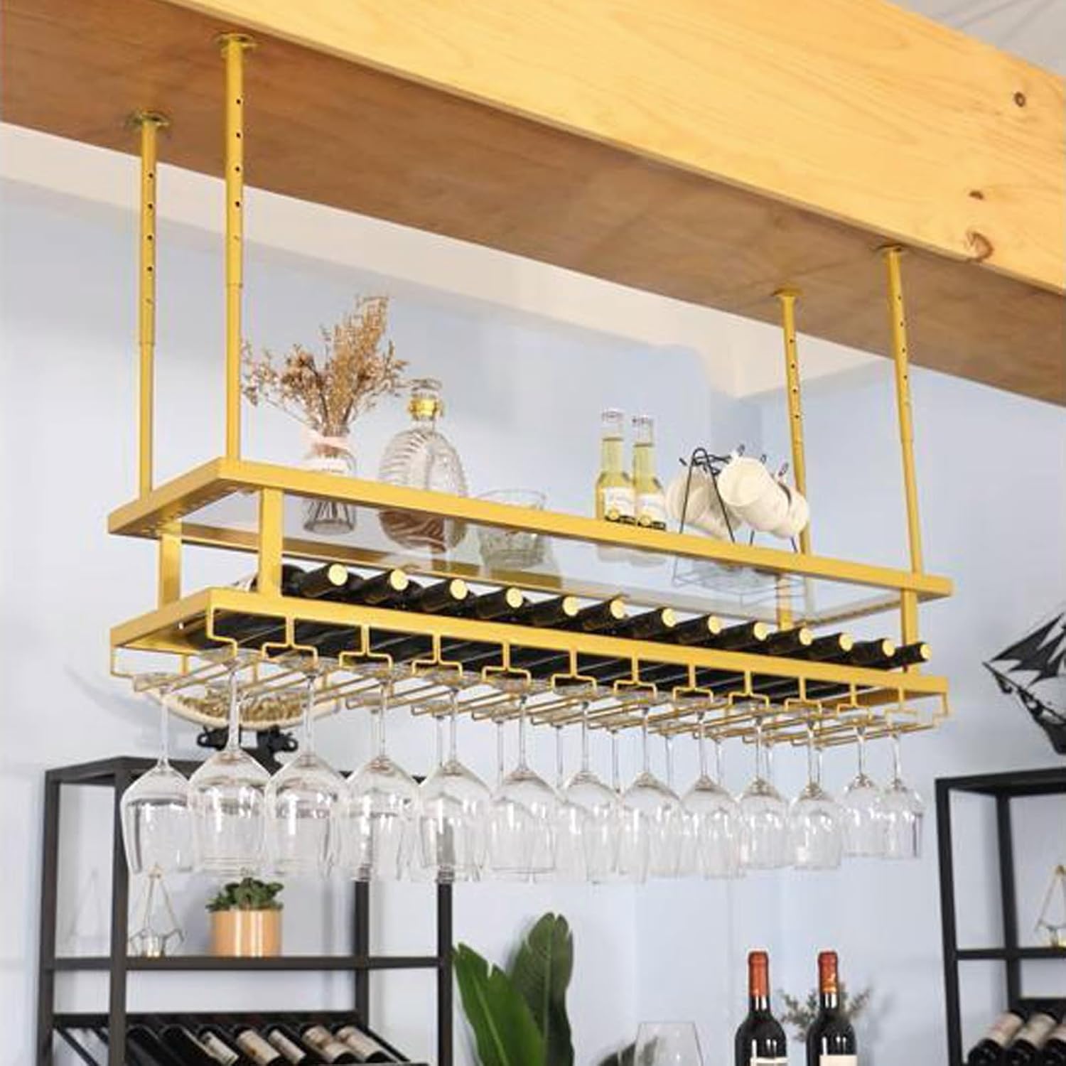 Whalebee Metal Ceiling Wine Rack with 3 Tiers Adjustable Holder