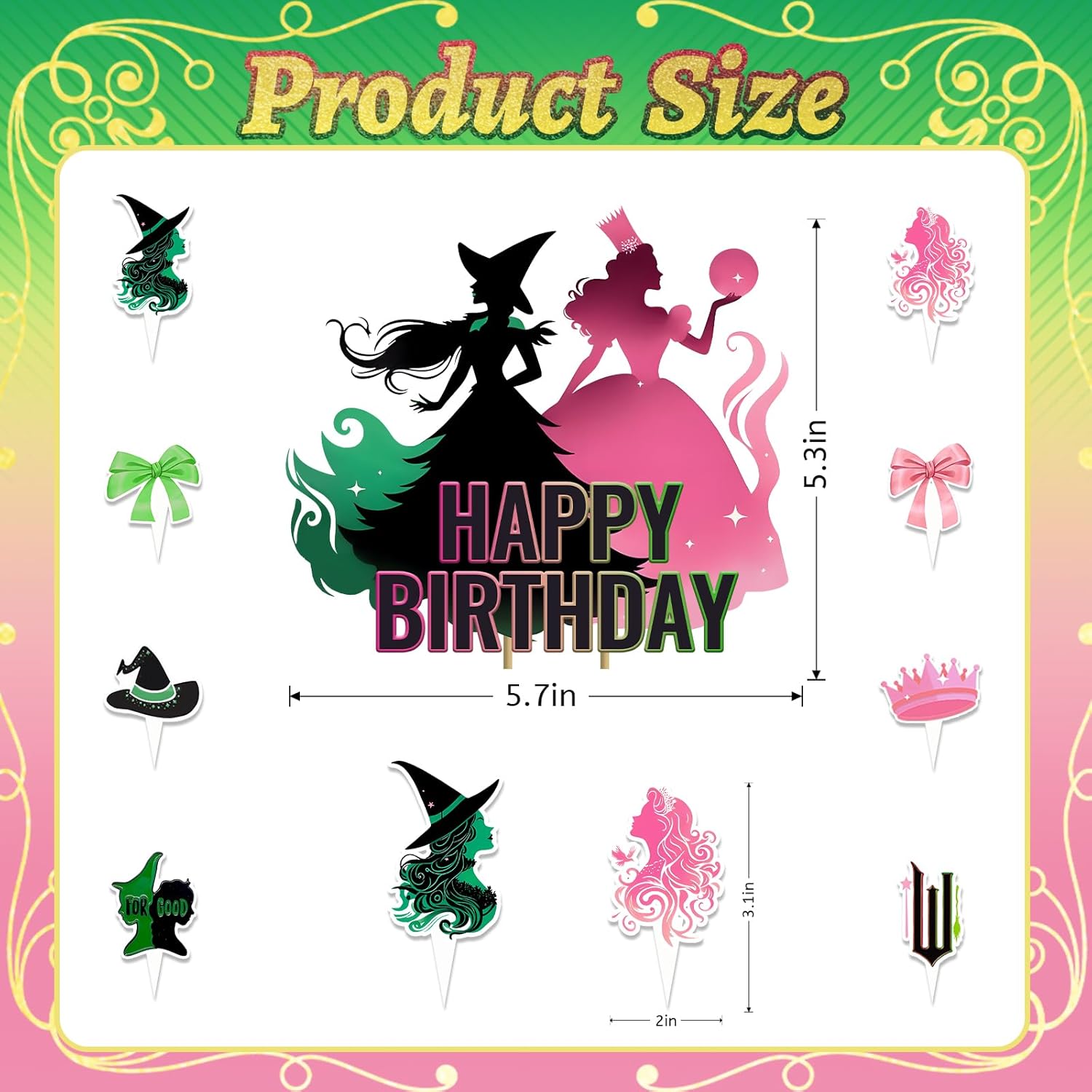 25Pcs Witch Cupcake Toppers Pink Green Party Decorations