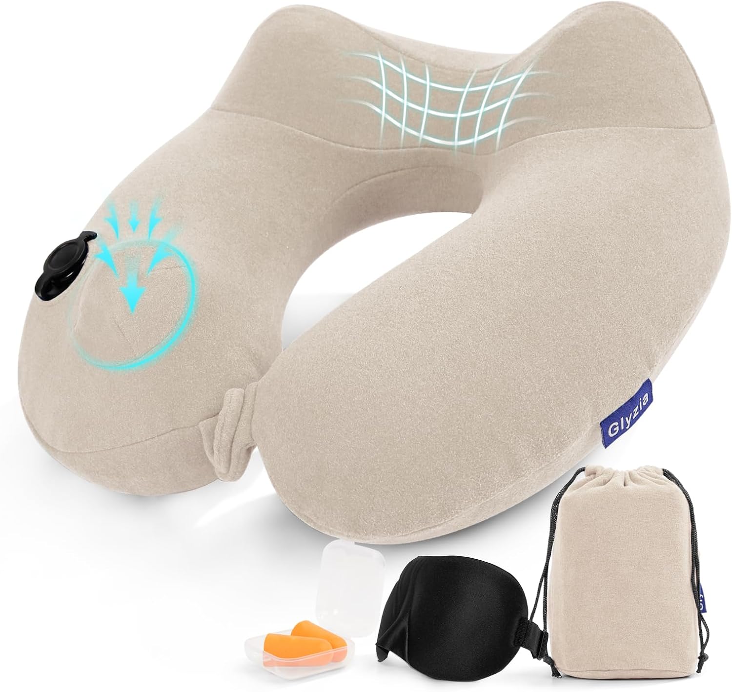 Glyzia Inflatable Neck Pillow with Eye Mask and Earplugs