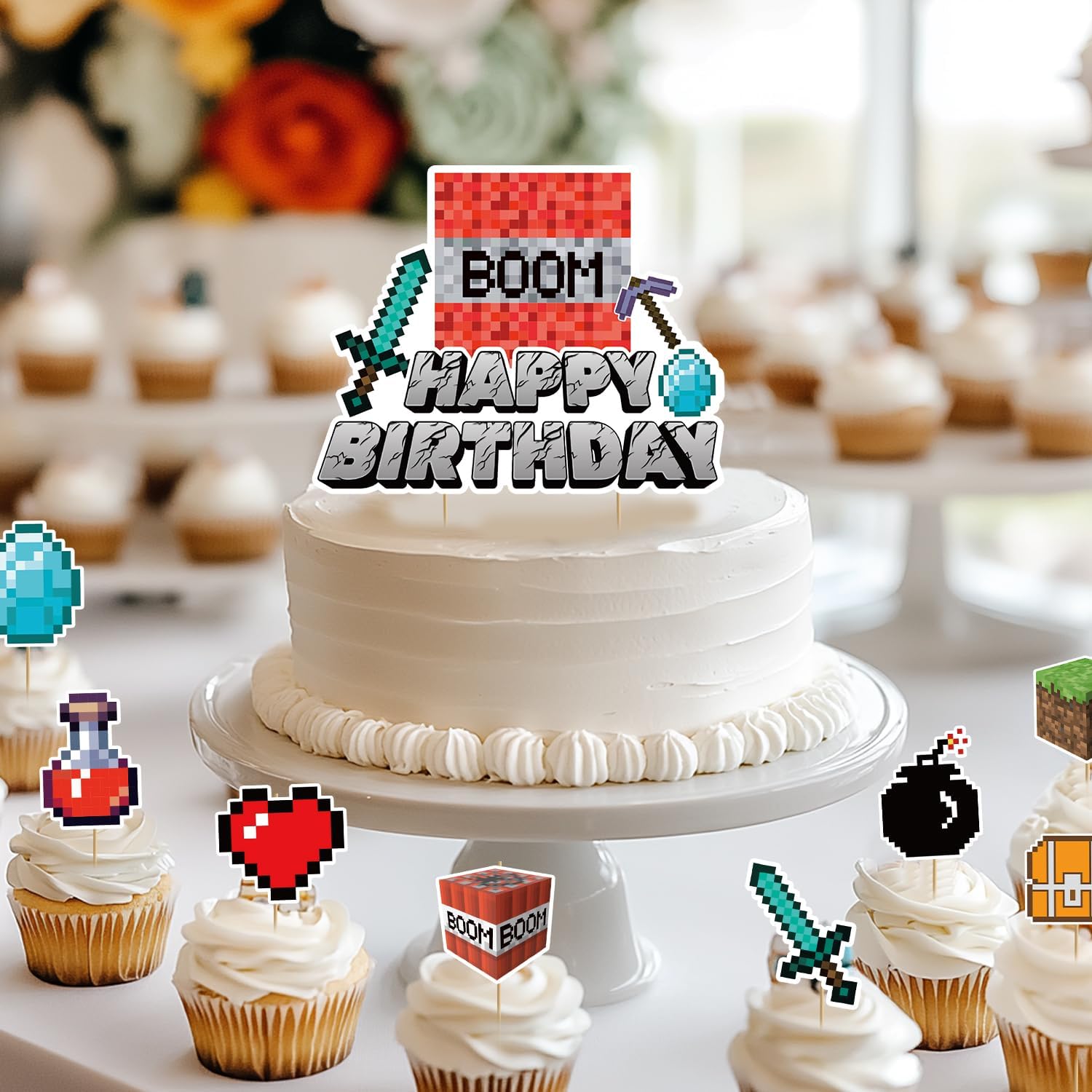 Terkung 9pcs Pixel Cartoon Cake Toppers for Birthday Parties