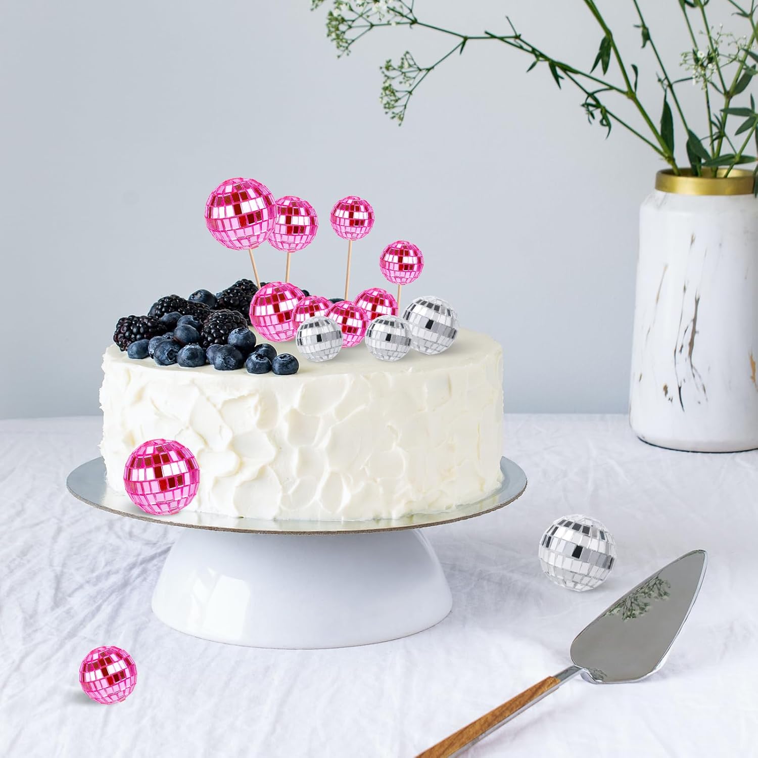 30pcs Disco Ball Cupcake Toppers Pink and Silver