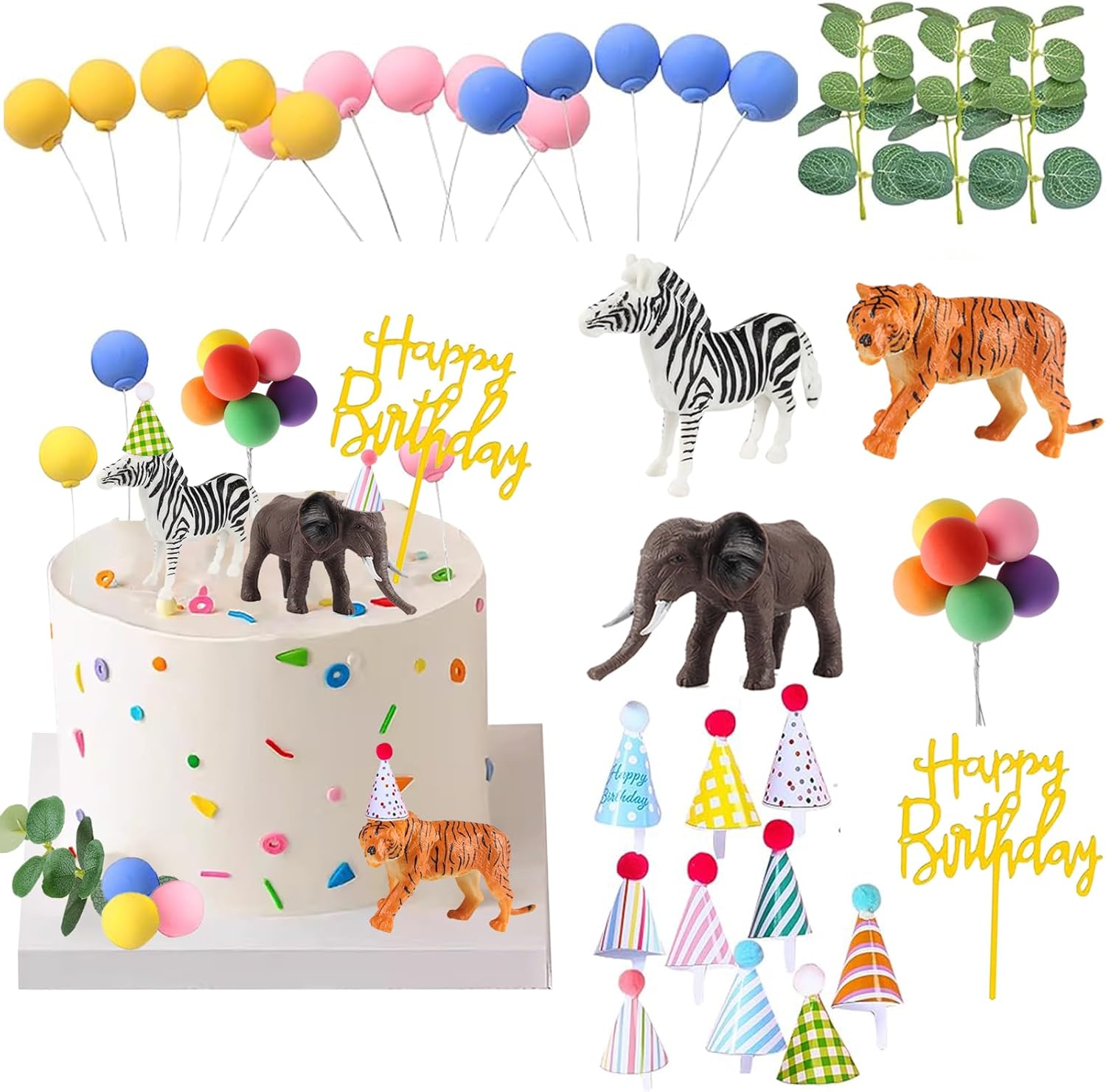 LEFUBABY Safari Animal Cake Toppers with Mini Hats and Balloons 1