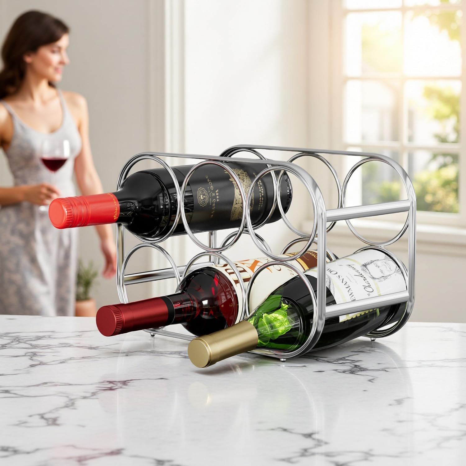 Buruis 6-Bottle Wine Rack Freestanding Metal Silver