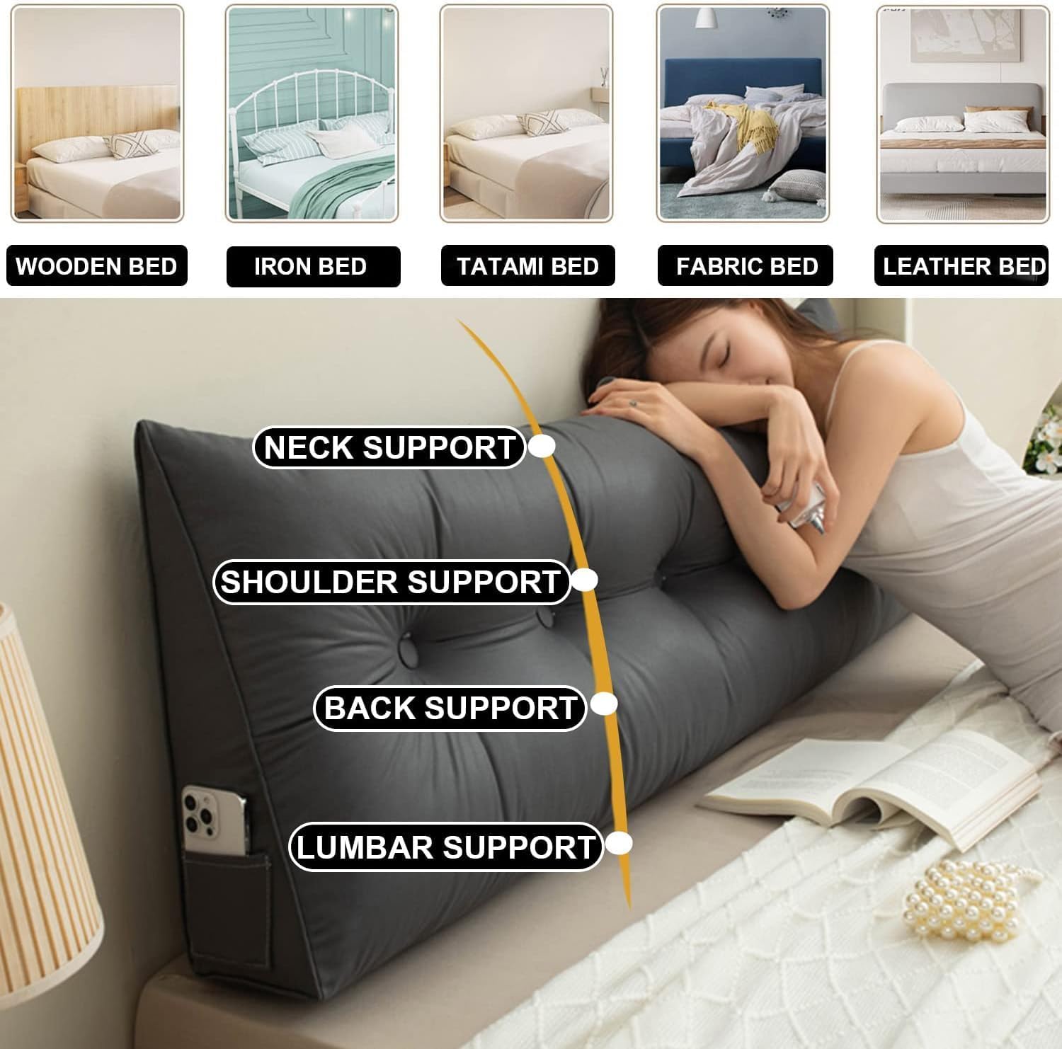 COZMAX Queen Size Wedge Pillow with Gray Cover