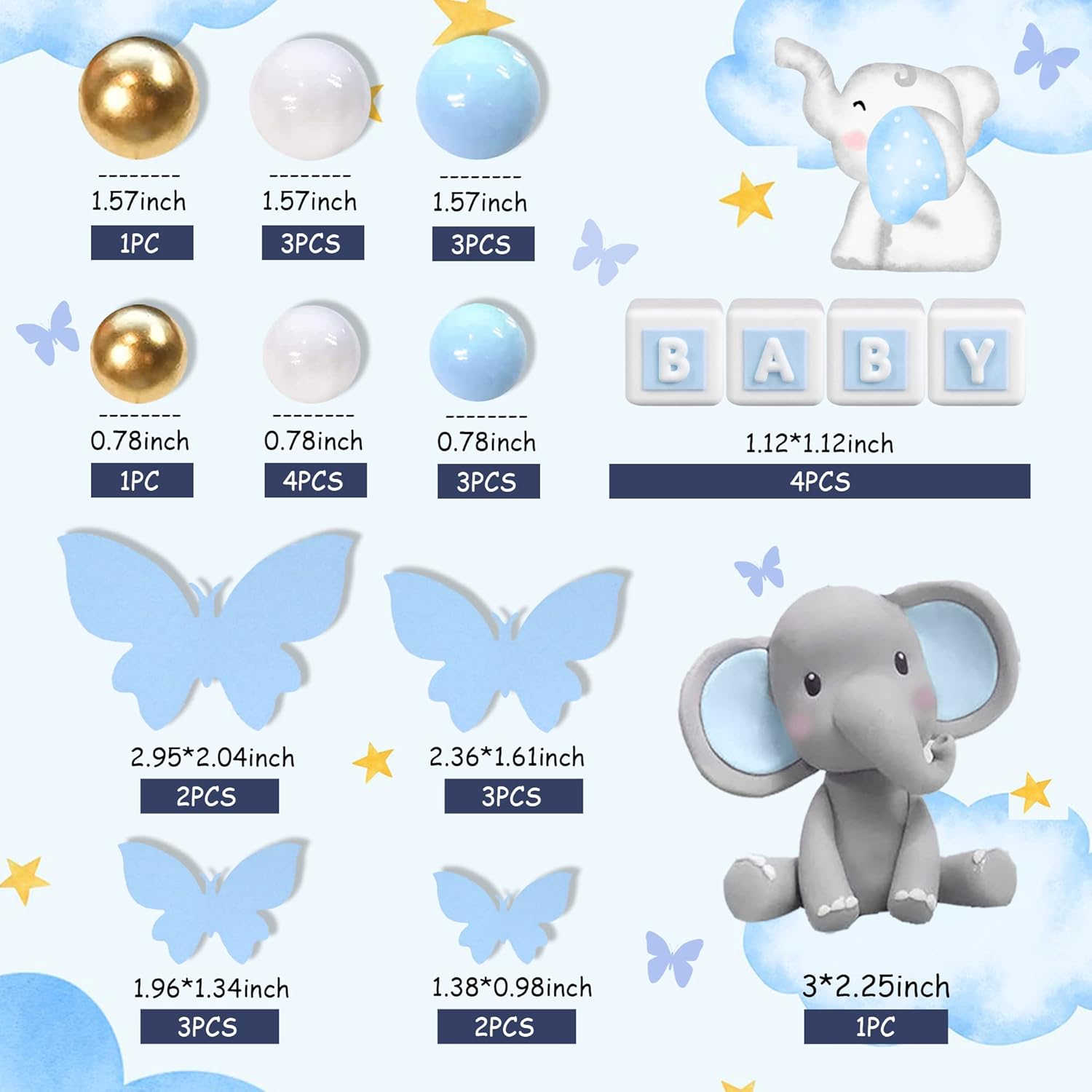 DRWATE Elephant Cake Topper Blue Baby Letter Decorations
