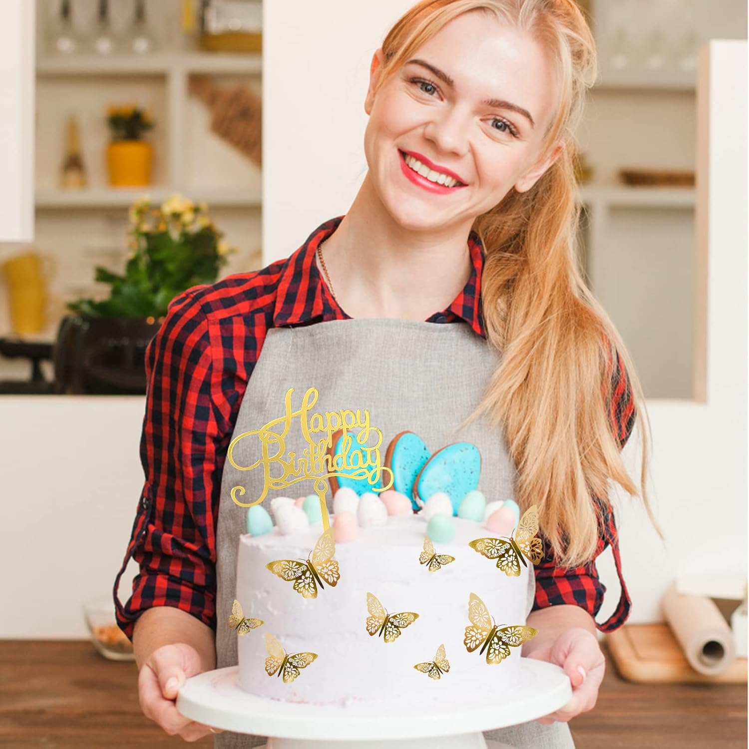 24Pcs Gold Butterfly Cake Decorations with Birthday Sign