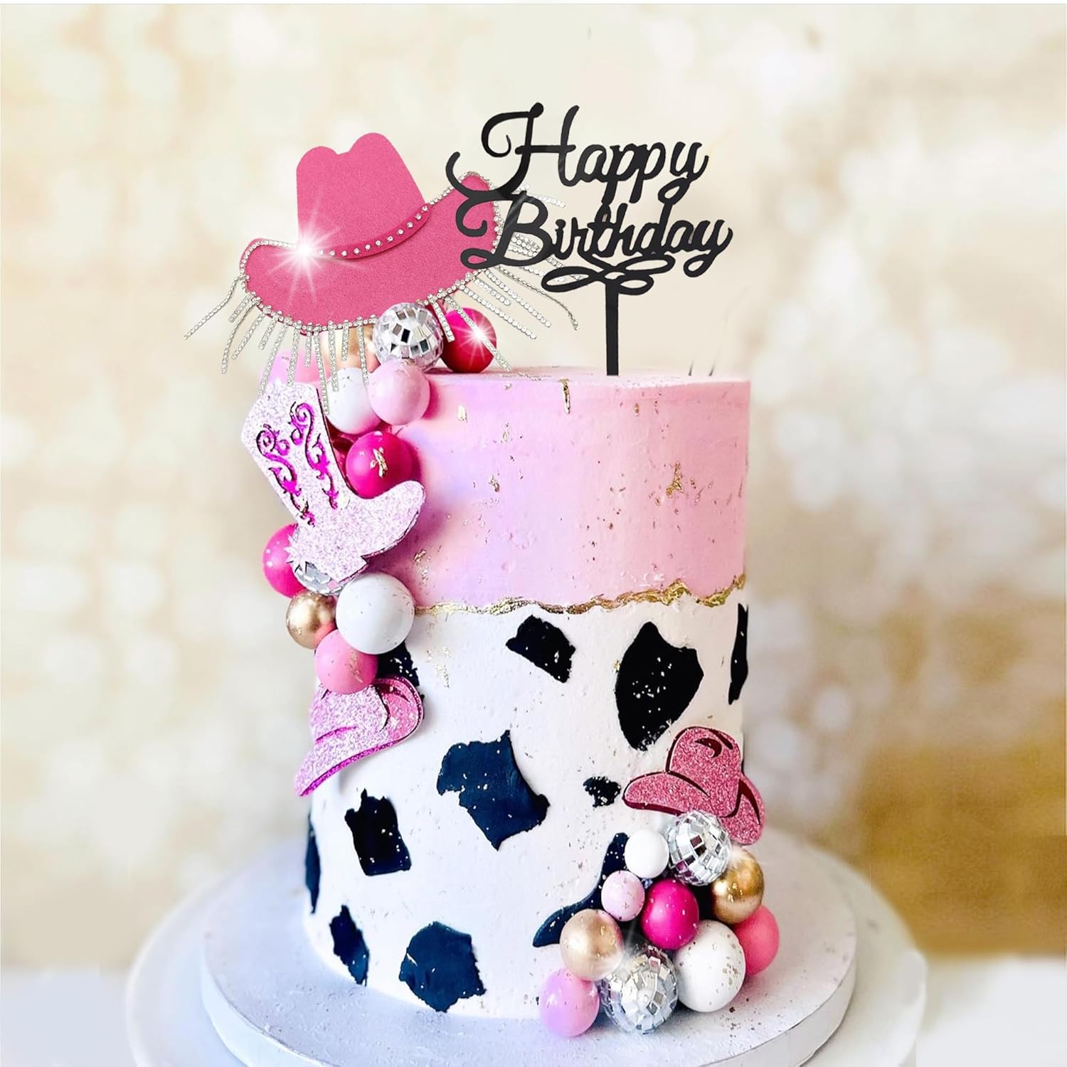 DRWATE Cowgirl Cake Topper with Disco Balls Shiny Hat