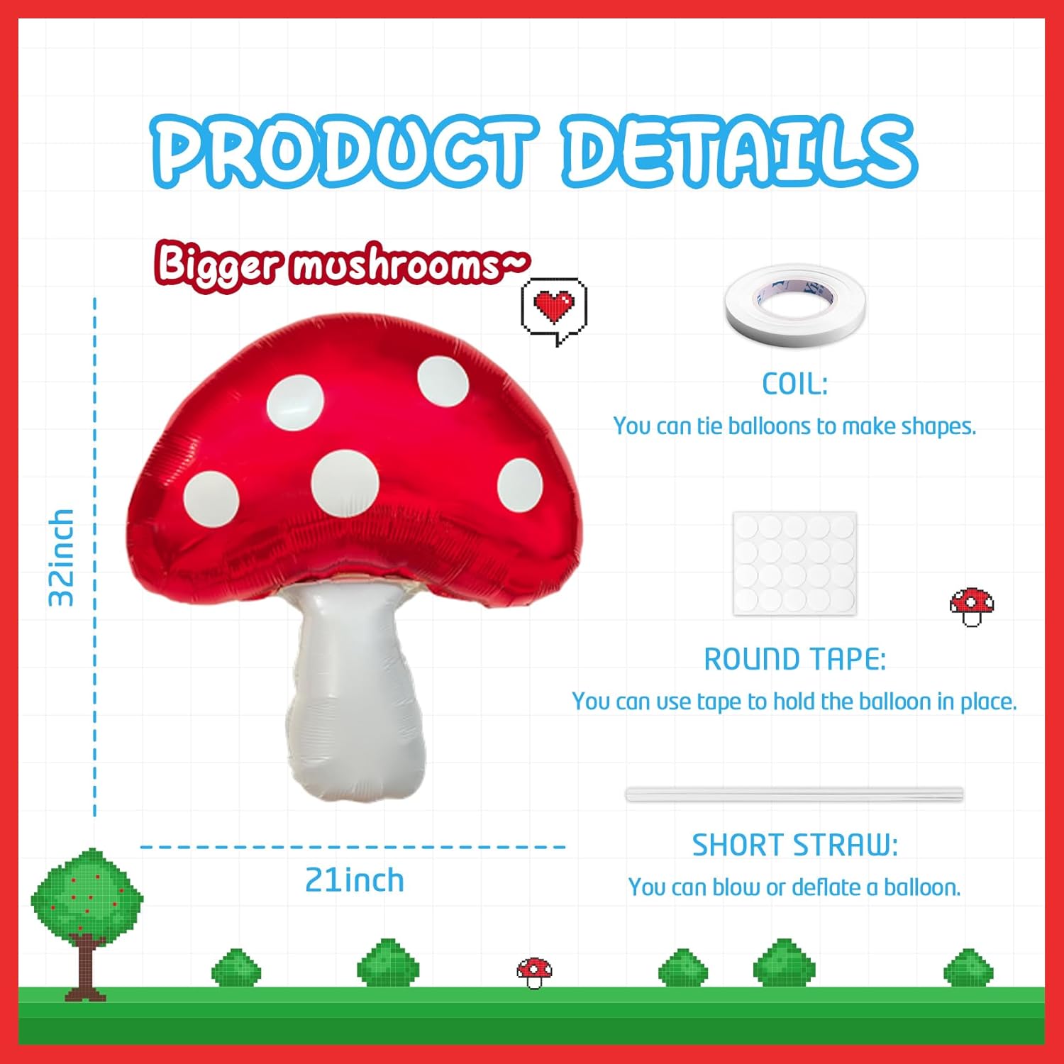 6PCS Red Foil Mushroom Balloons for Birthday Party Decor