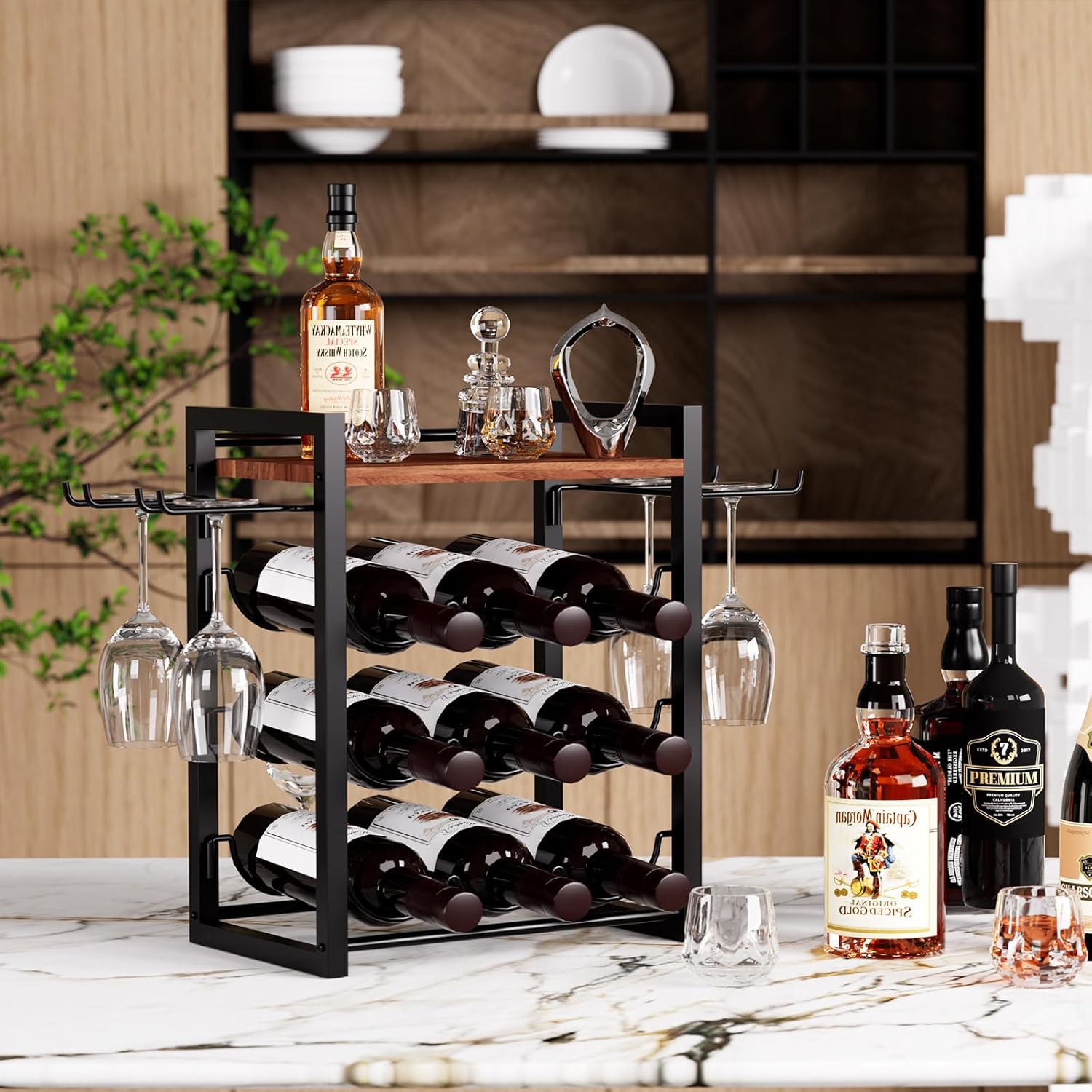 Nanagiftree Wooden Wine Rack with Tray Holds 9 Bottles 4 Glasses