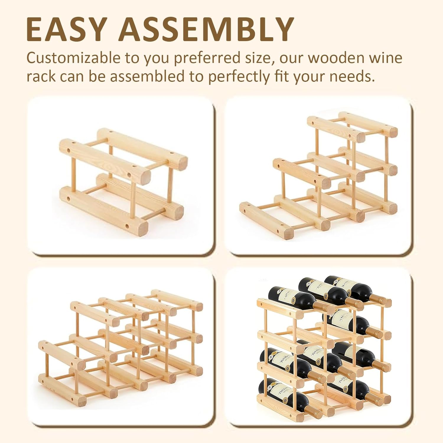 12-Bottle Wooden Wine Rack for Countertop and Cabinet
