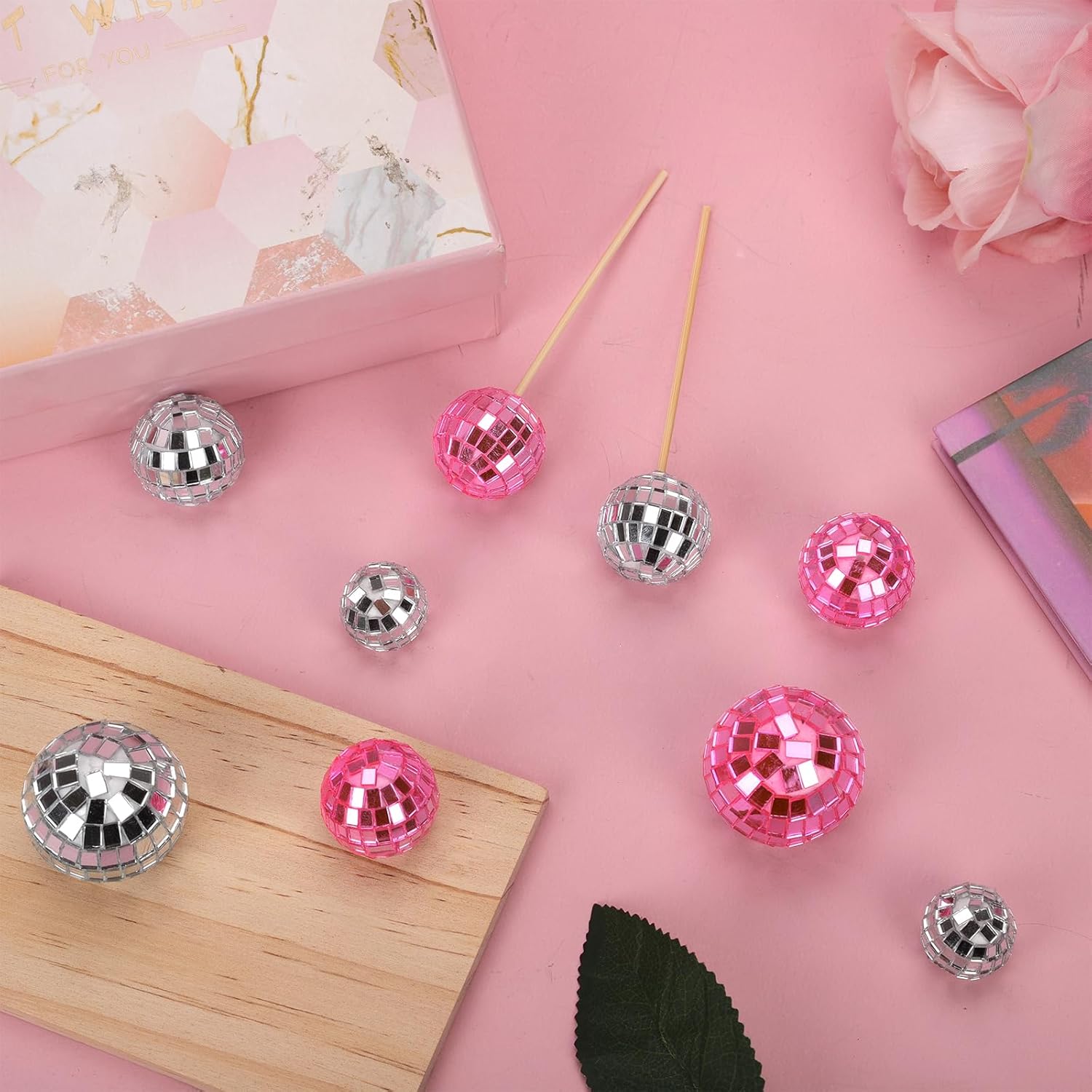 30pcs Disco Ball Cupcake Toppers Pink and Silver