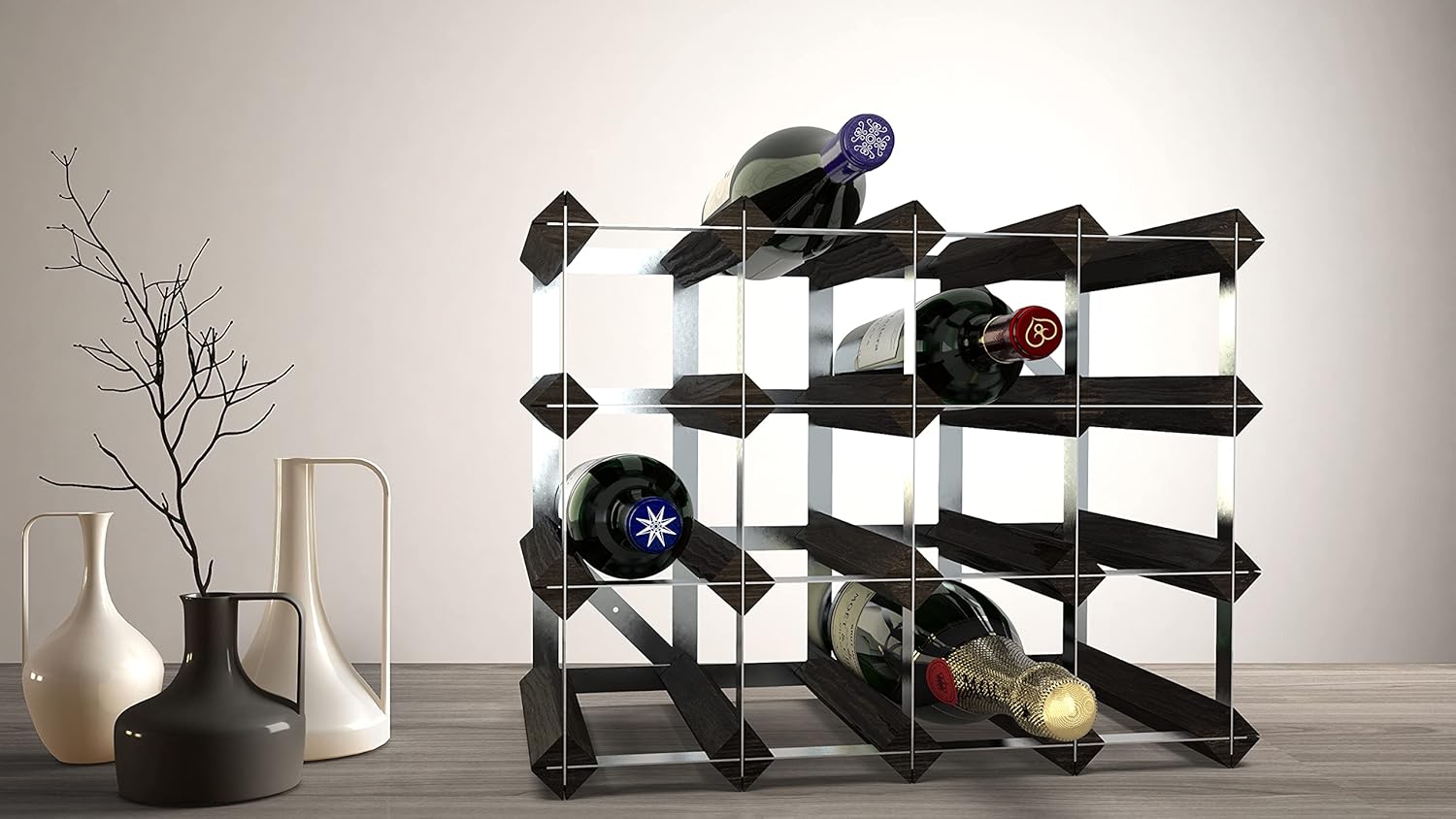 RTA Freestanding Wine Rack 16 Bottles Black Ash Pine