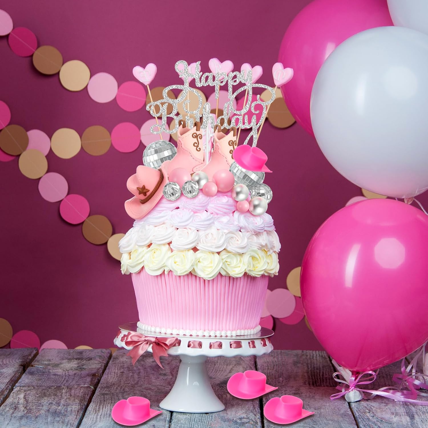 26 Pieces Pink Cowgirl Cake Decorations for Western Party
