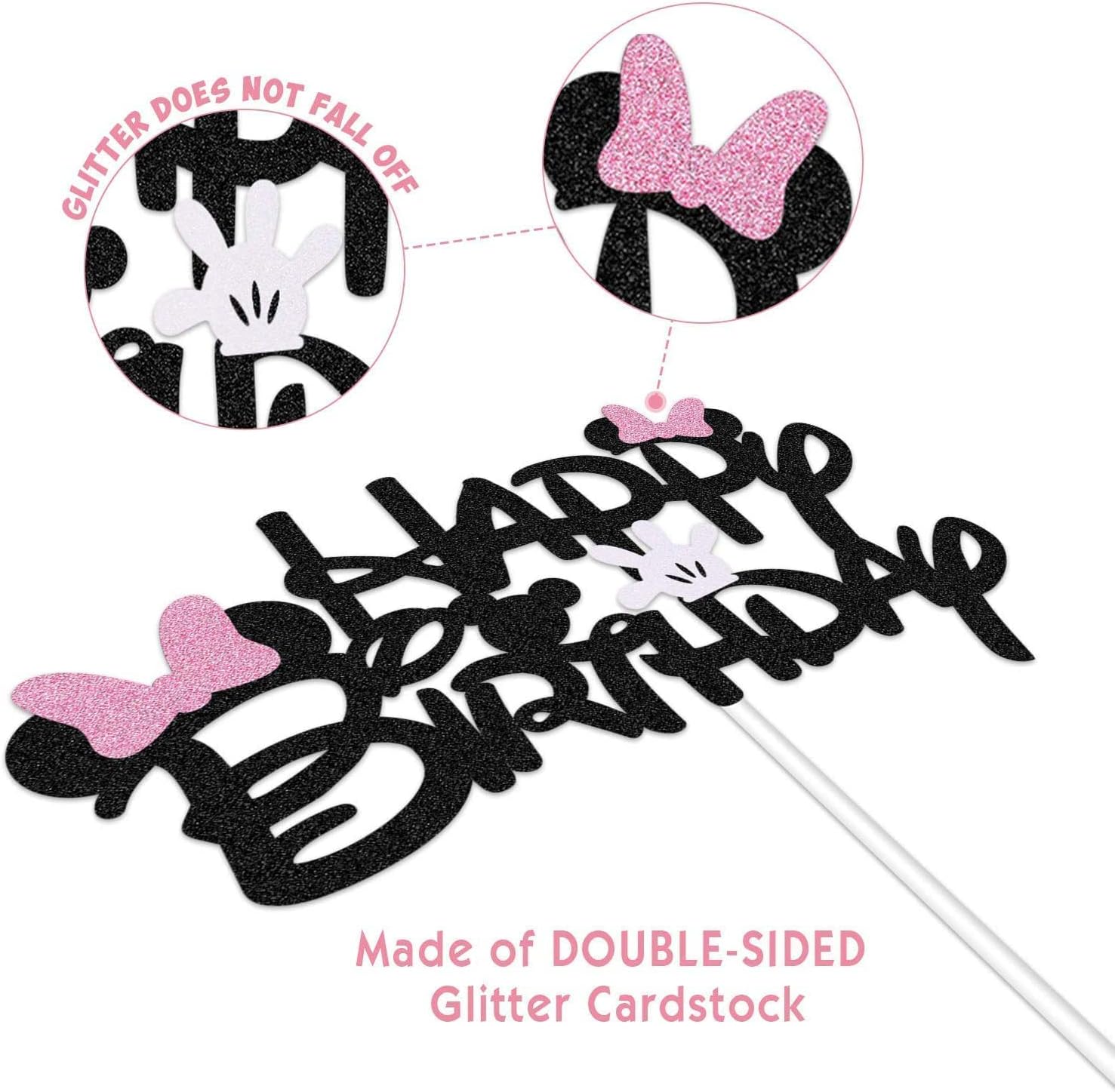 BOGZON Black Glitter Minnie Birthday Cake Topper with Pink Bows and White Gloves