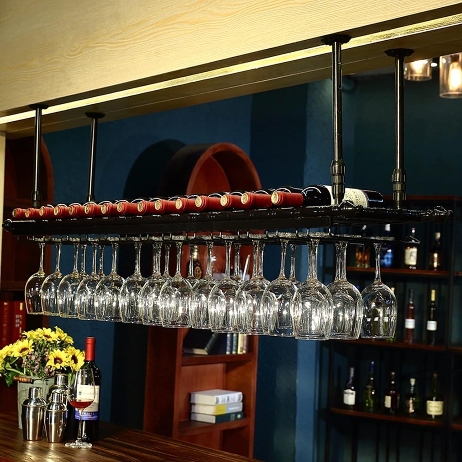Wall-Mounted Wine Rack with Adjustable Height and Glass Holder