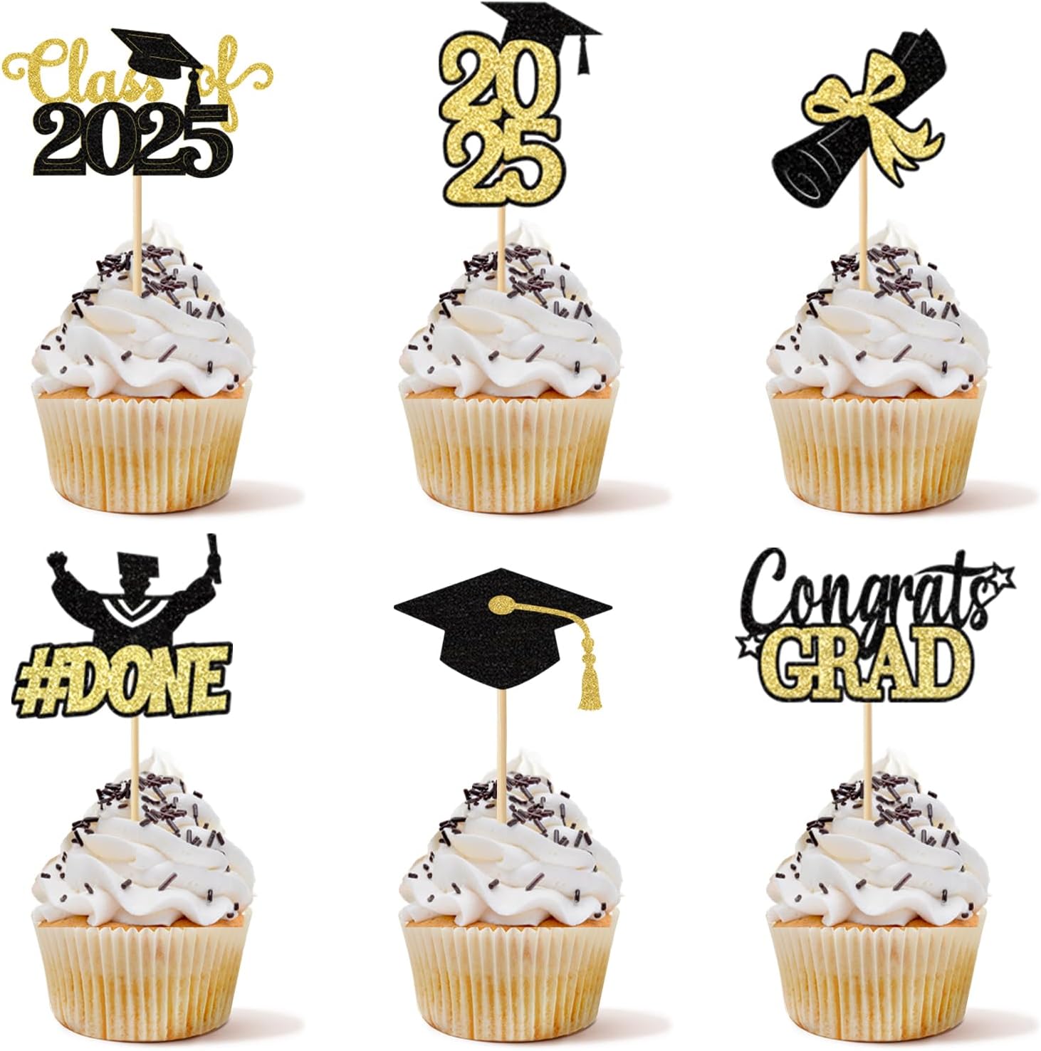 Class of 2025 Graduation Cupcake Topper - 24Pcs Black with Gold