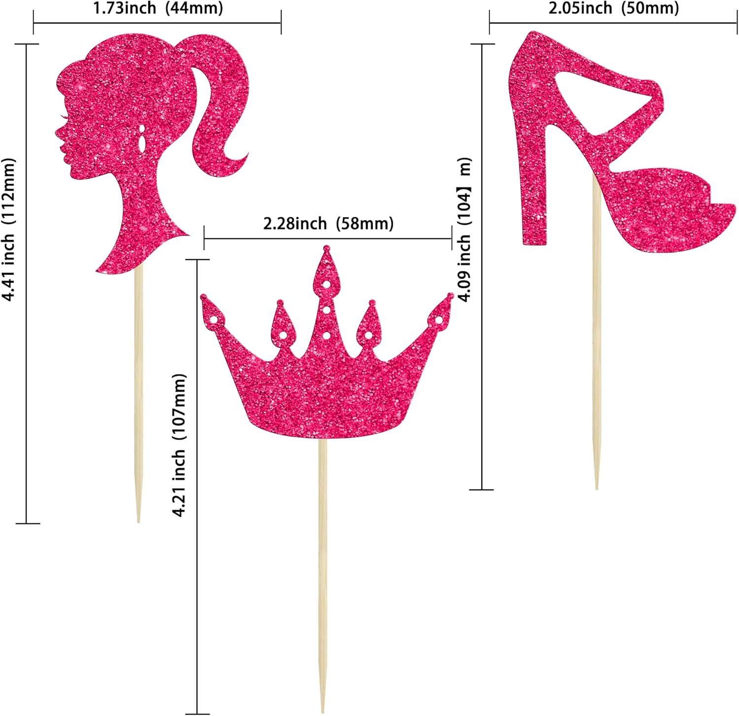 Ephlyn 24Pcs Hot Pink Glitter Princess Cupcake Toppers