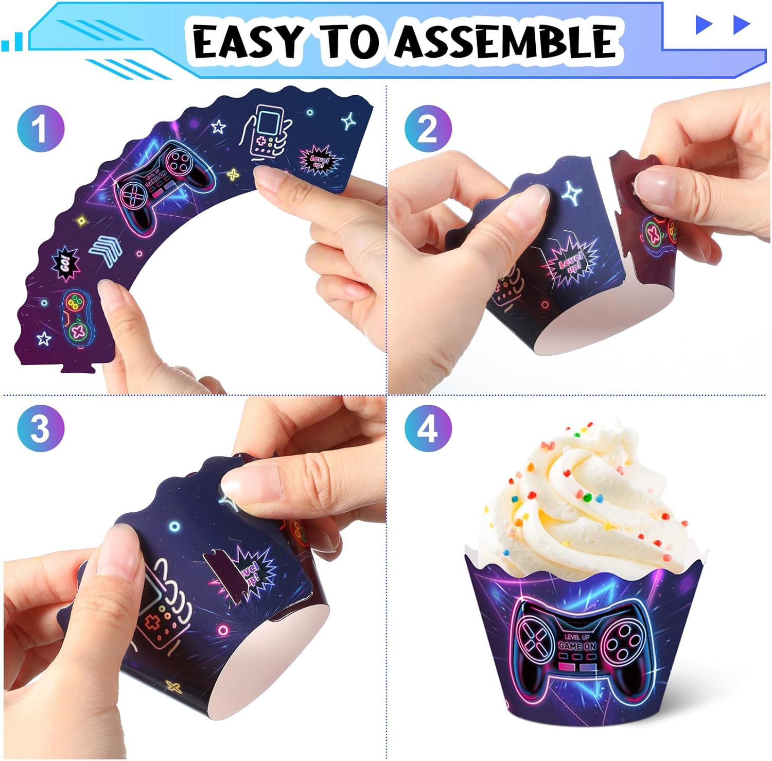Nuenen Neon Gaming Cupcake Toppers 96 Pcs