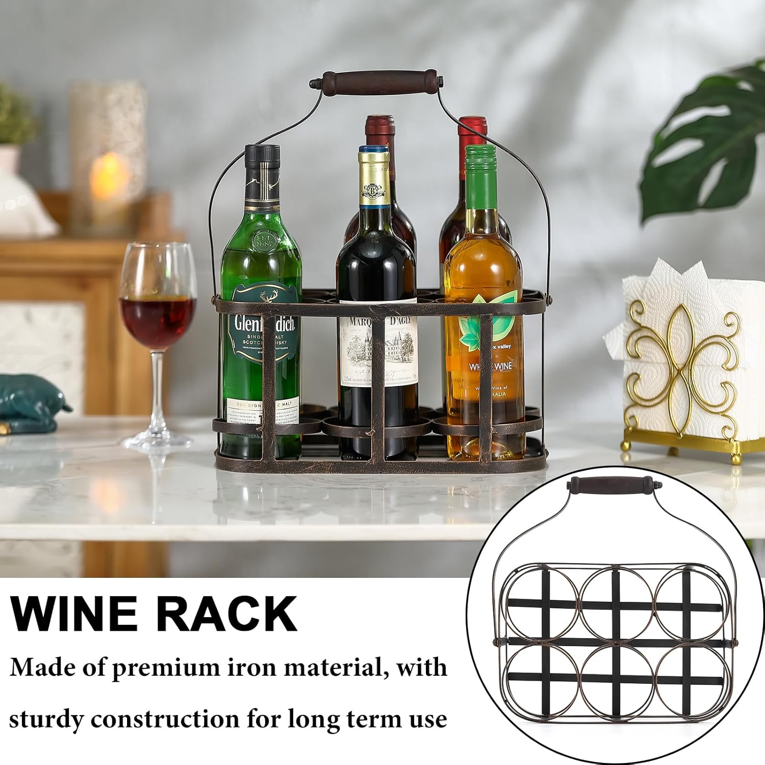 Ironlux 6 Bottle Metal Wine Carrier with Wood Handle 1