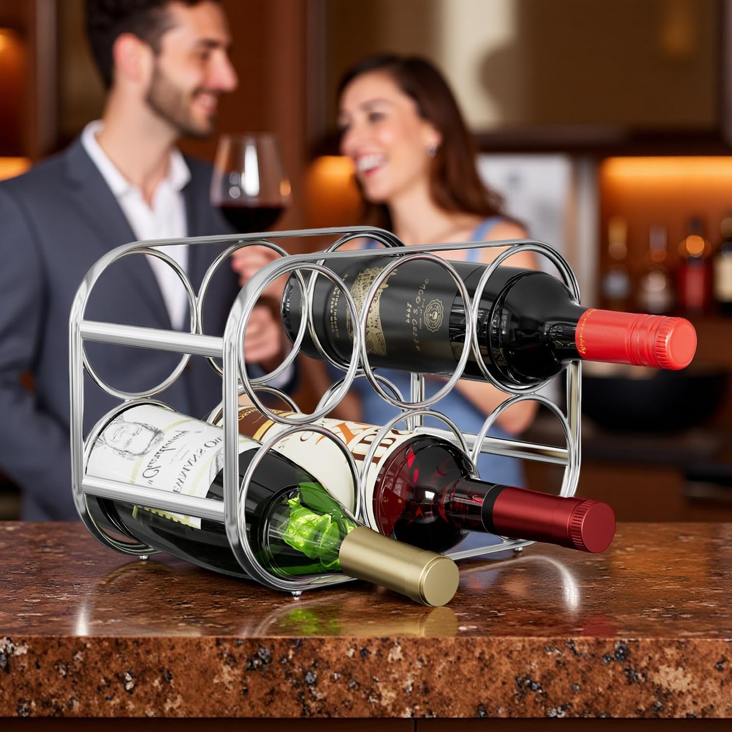 Buruis 6-Bottle Wine Rack Freestanding Metal Silver
