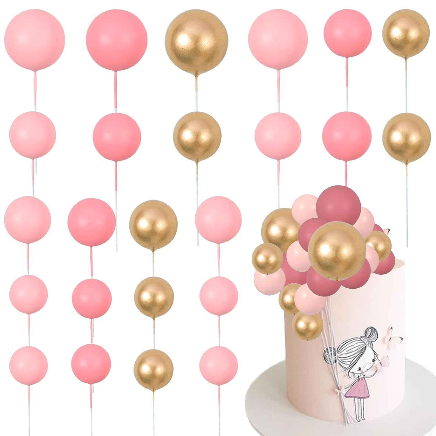 Gyufise 30Pcs Pink Gold Ball Cake Toppers