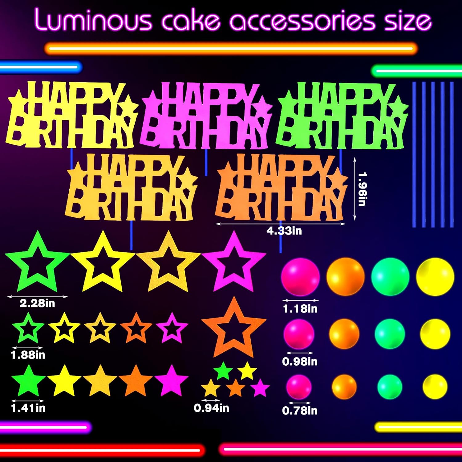 Wonderjune 57 Pcs Neon Glow Cake Toppers Decorations