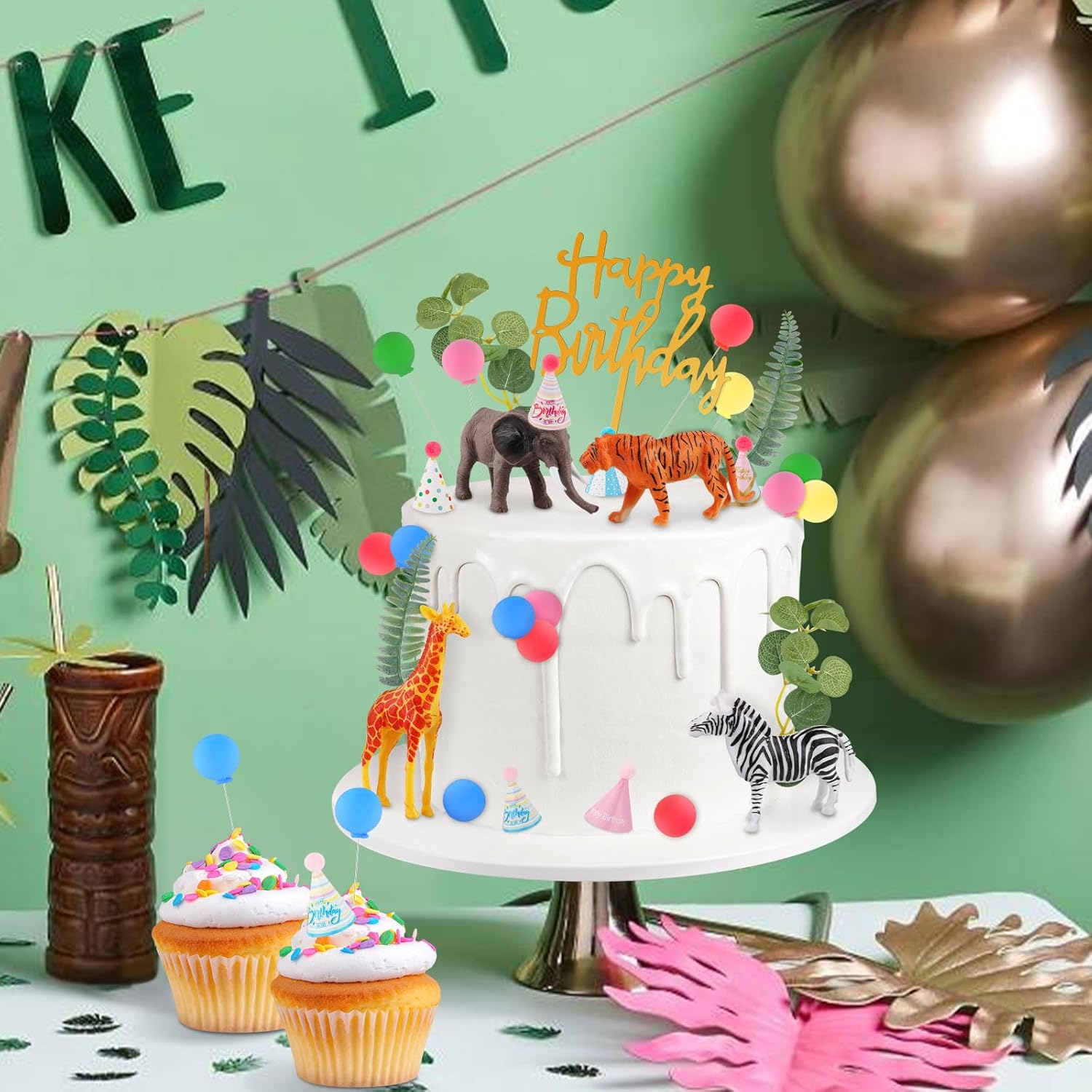 Hooqict 34 Pcs Safari Animal Cake Toppers