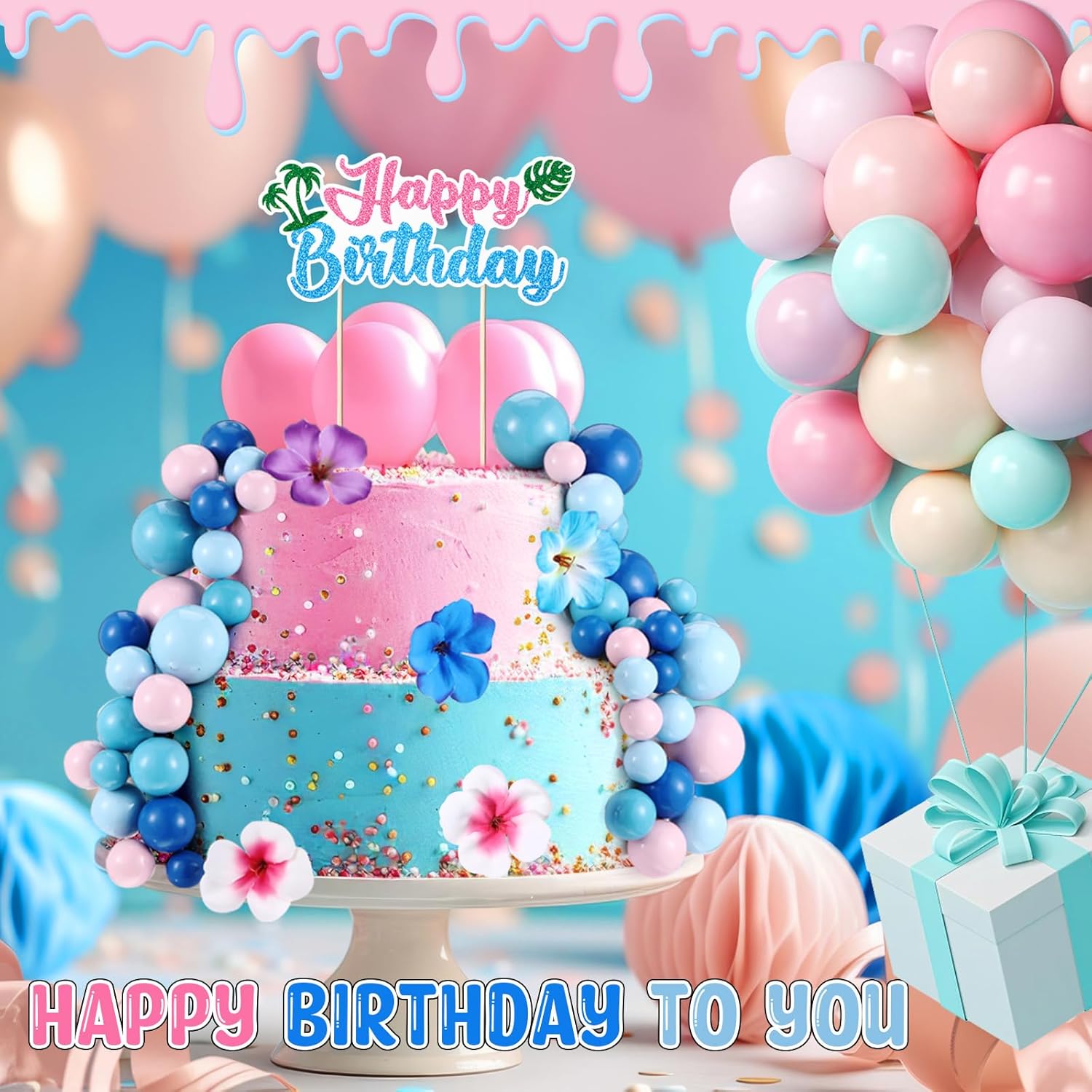 Zeyune 61 Pcs Pink Blue Cake Topper with Balls