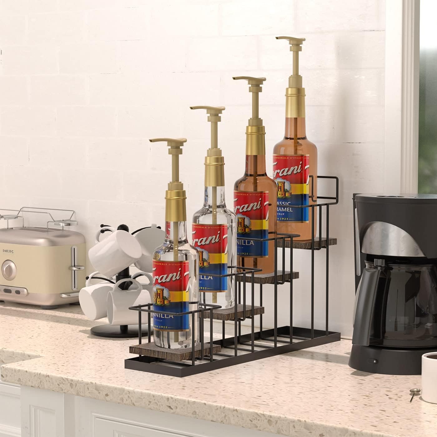 4-Tier Coffee Syrup Organizer Rack with Rustic Wood and Metal Frame
