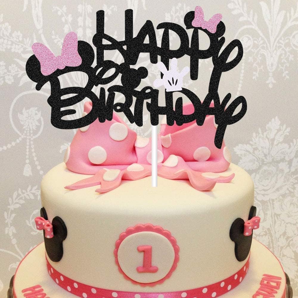 BOGZON Black Glitter Minnie Birthday Cake Topper with Pink Bows and White Gloves