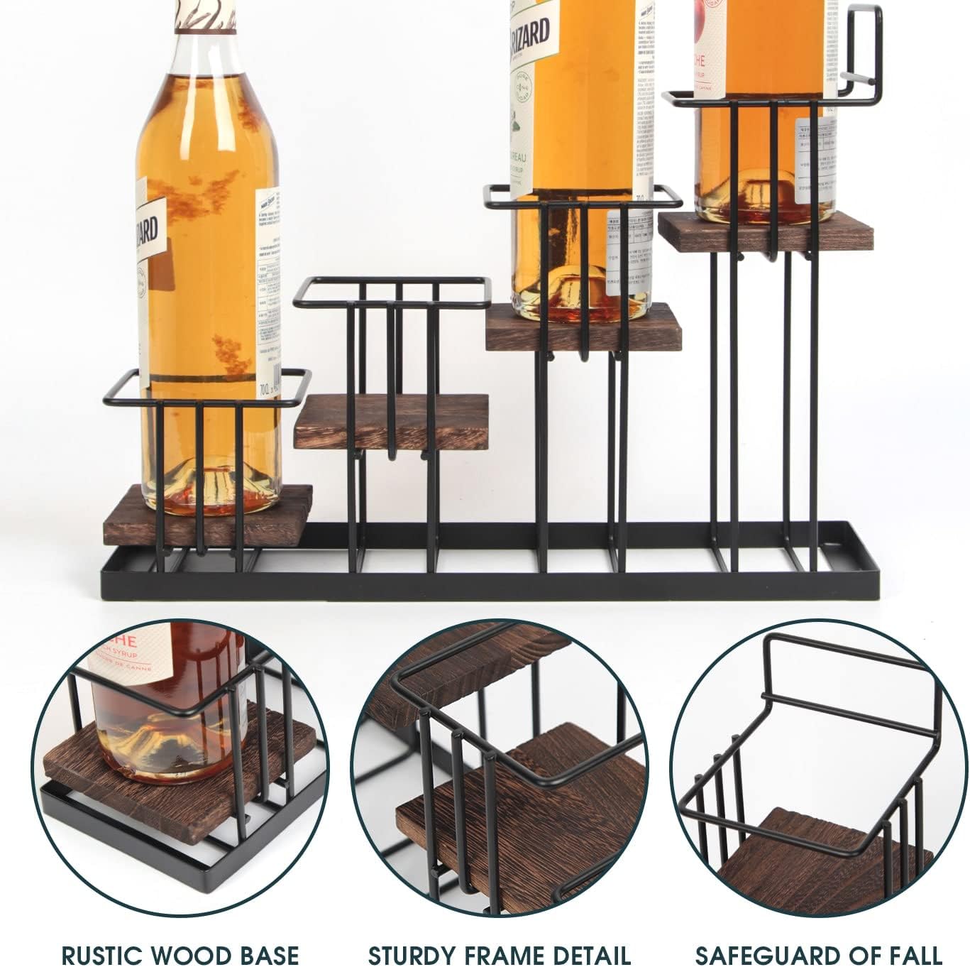4-Tier Coffee Syrup Organizer Rack with Rustic Wood and Metal Frame
