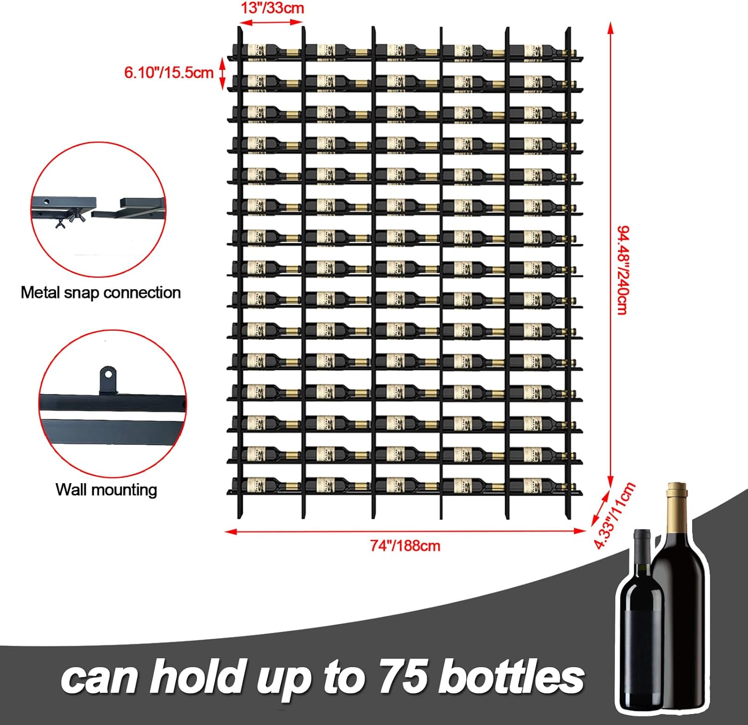 RAJYQODIS 16 Tier Wall Mounted Wine Rack - 80 Bottles Industrial Style Gold Finish