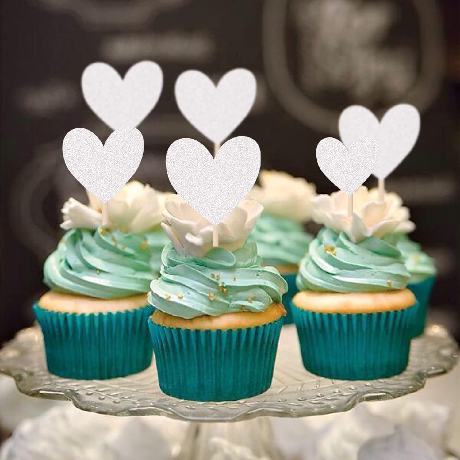 30PCS Glitter Love Heart Cupcake Toppers