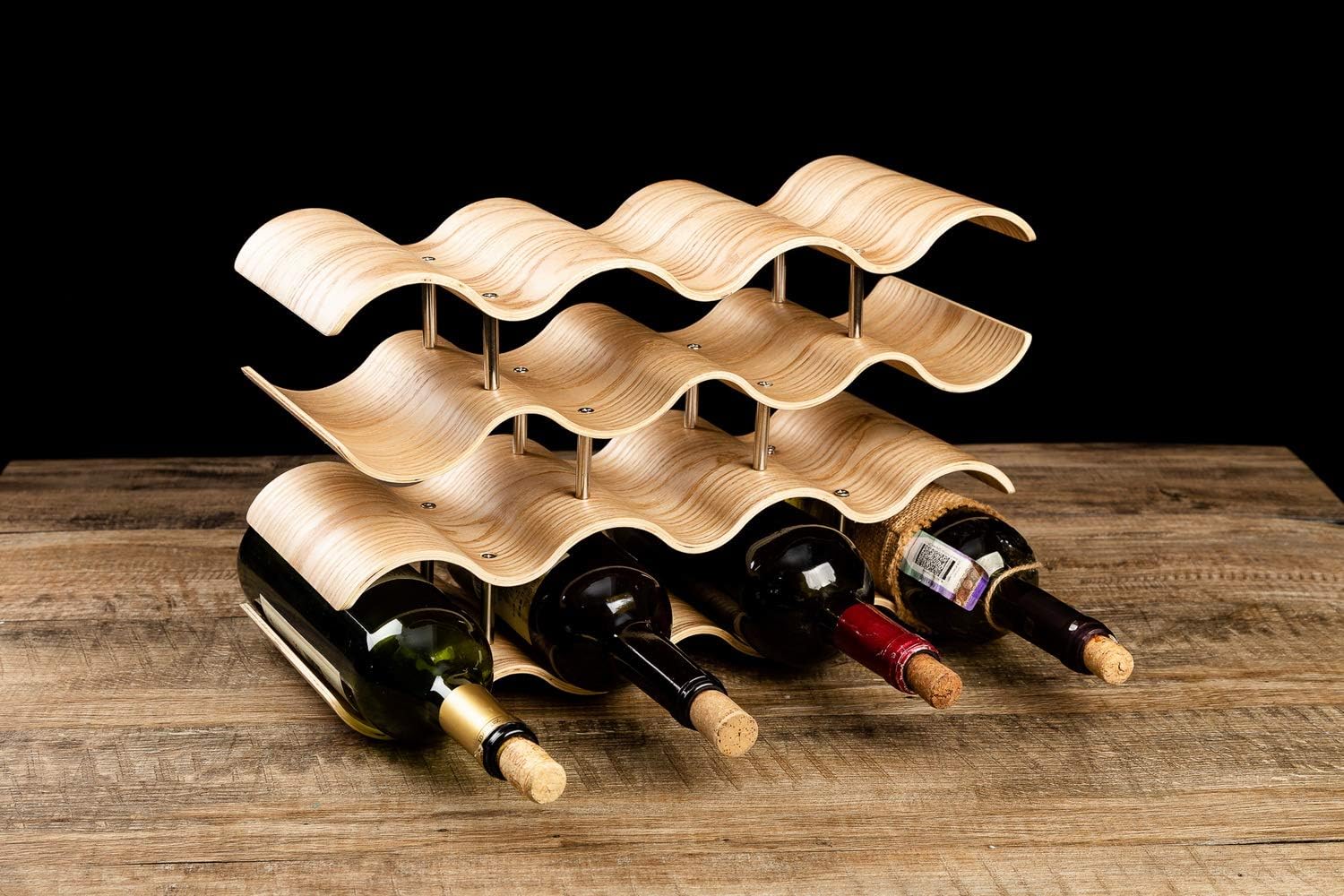 14-Bottle Wave Wine Rack Freestanding Wooden