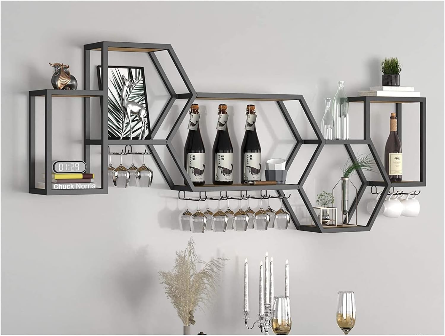 ALDEPO Wall-Mounted Wine Rack with Iron Art and Pine Wood