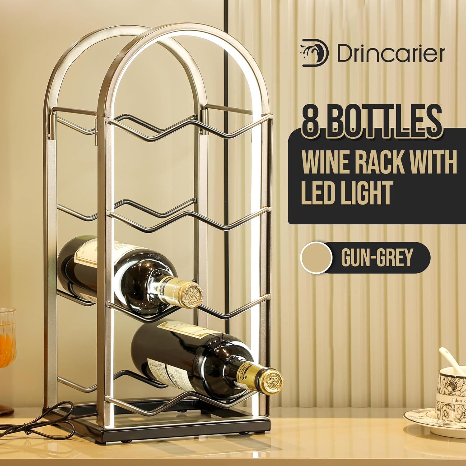 LED Countertop Wine Rack - 8 Bottle Freestanding Storage Stand