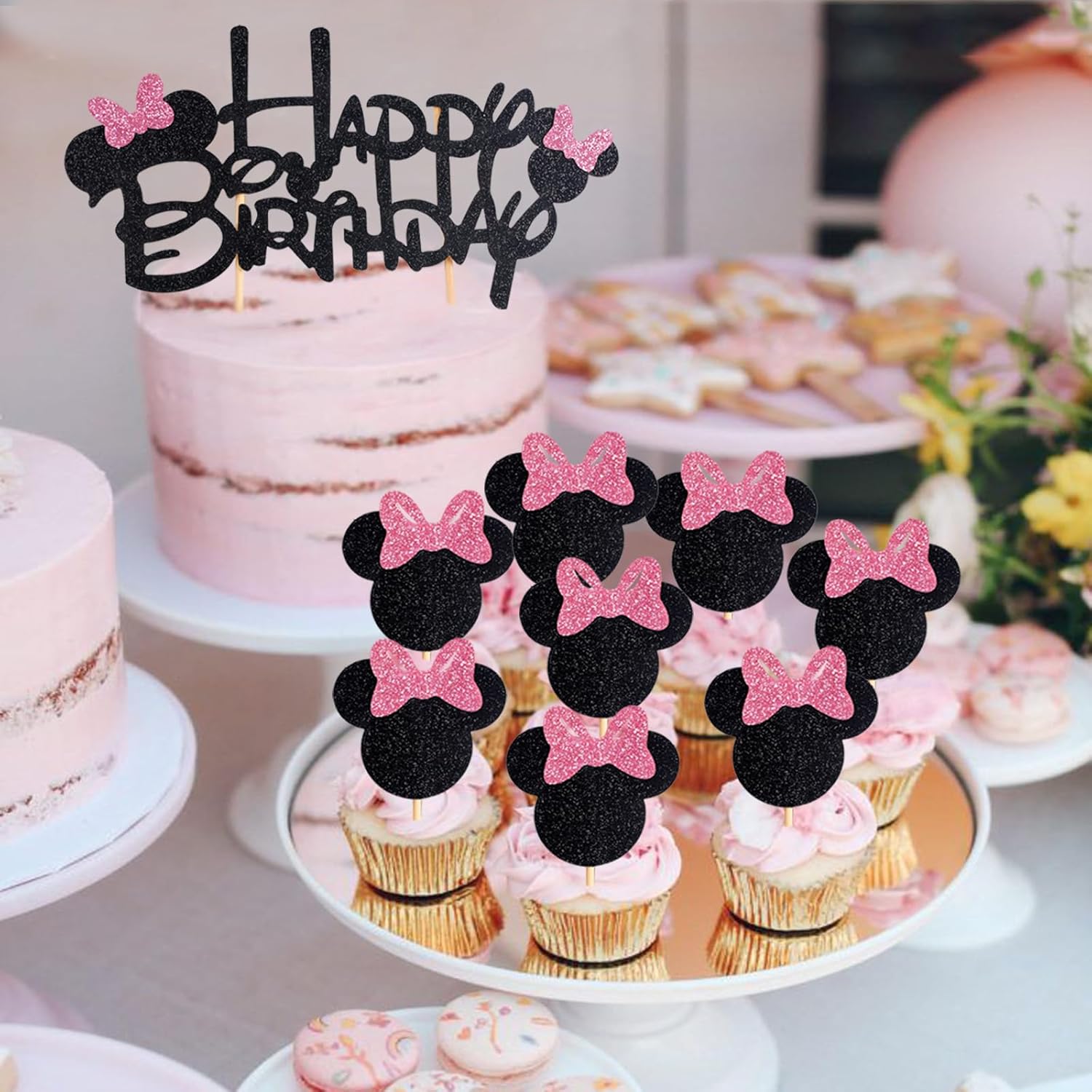 25Pcs Glitter Mouse Cupcake Toppers with Bow